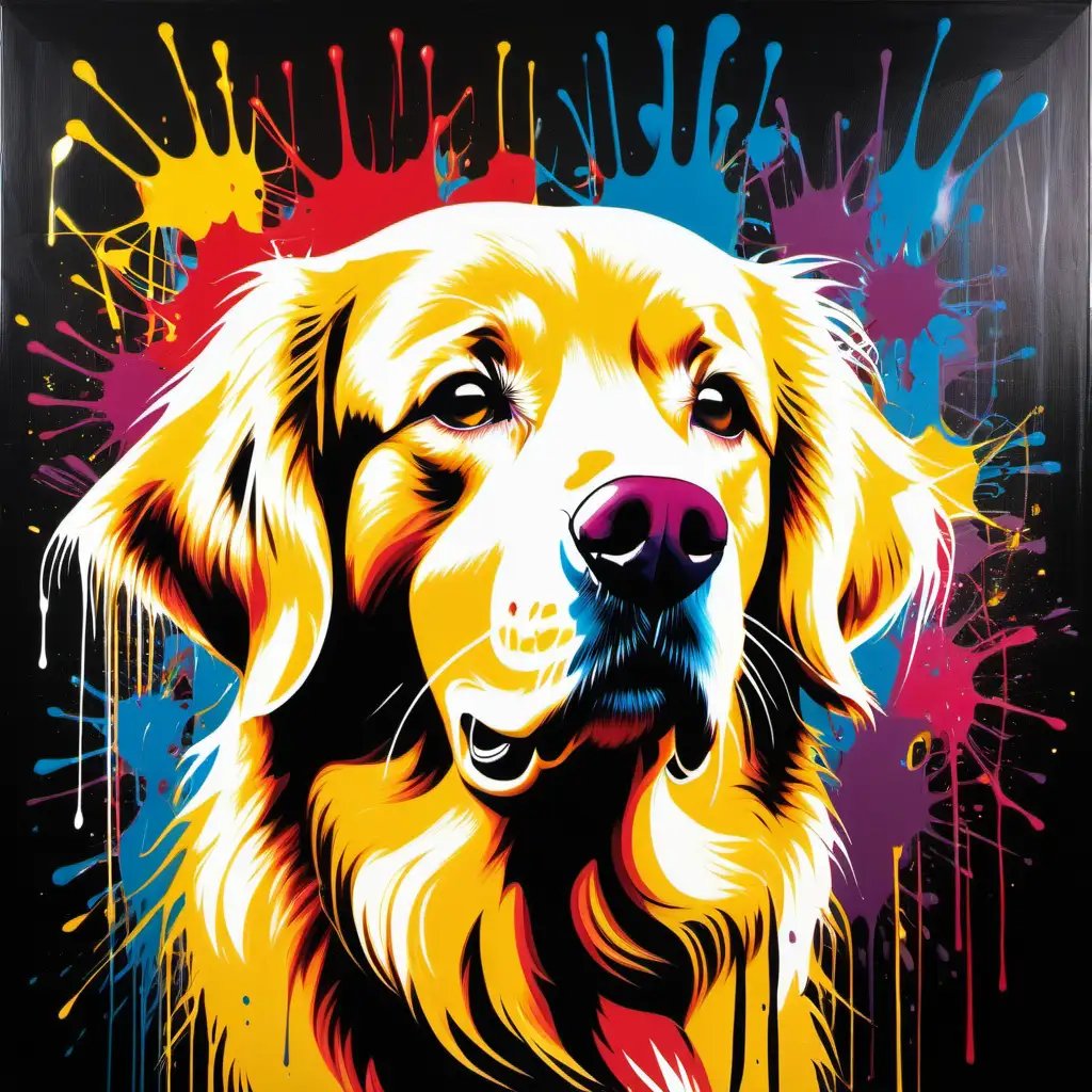 Andy Warhol and Jackson Pollock splashes of paint-inspired artwork with vibrant modern and urban mysticism. The face of a Golden retriever has vibrant colours luxurious shiny bright colour splashes of gold.
