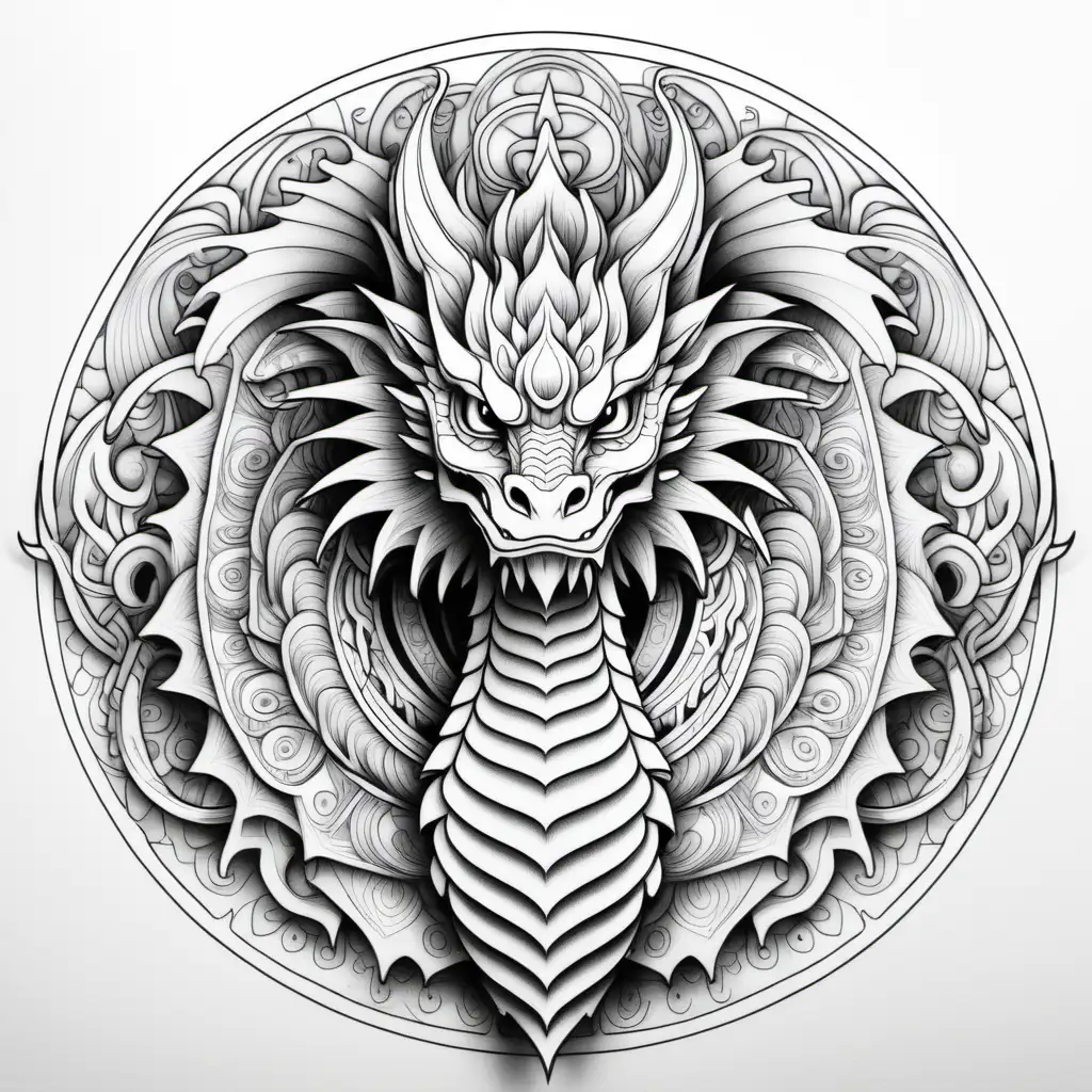 coloring page for adults, mandala, dragon, white background, clean line art, fine line art 
