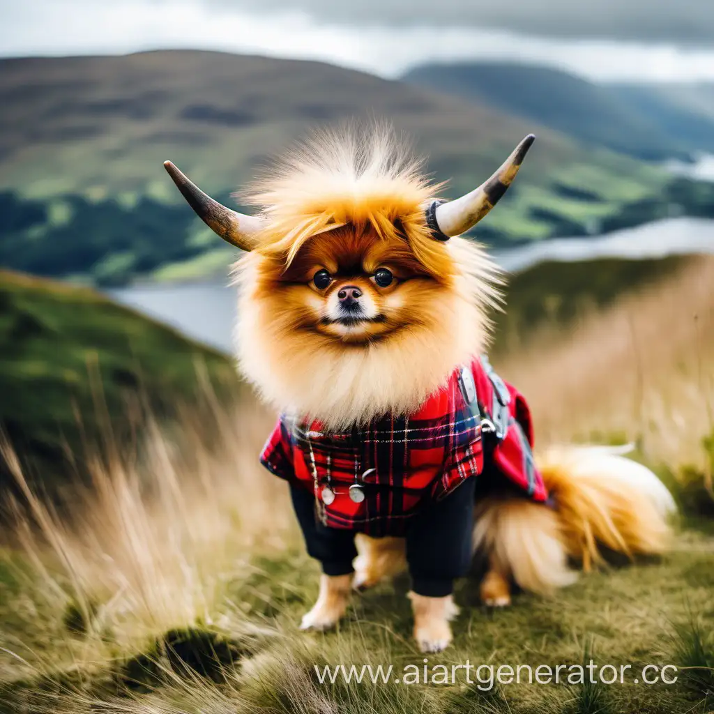 Pomeranian dog wearing a costume of highland cow in the mountains of Scotland