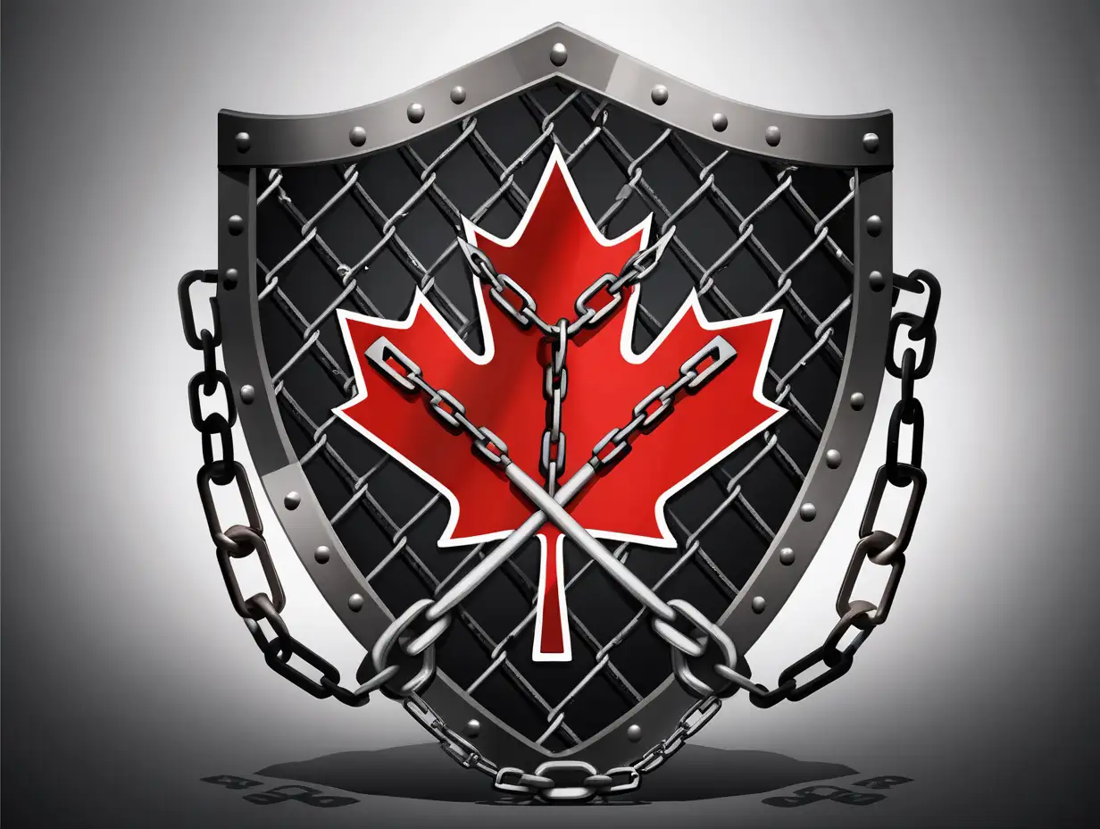 Shield with a maple leaf, crossed axes, broken chain link cage background, Canadian, shadow, fighter