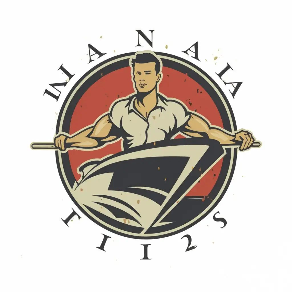 logo, MAN ON THE FRONT OF A YACHT HOLDING ON RAIL WITH SHIRT OPEN, with the text "MAN", typography, be used in Sports Fitness industry