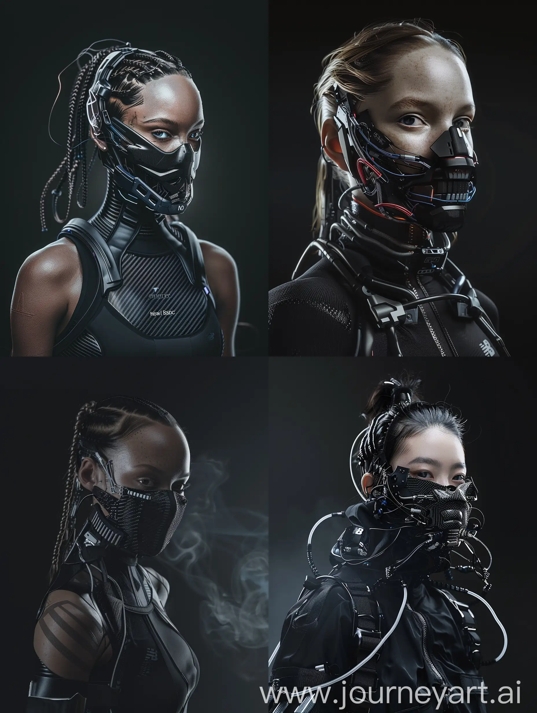 Against a sleek black backdrop, witness the captivating presence of a Beautiful characther adorned with a cybernetic mouth-covering mask. It seamlessly merges cutting-edge technology with intricate details, showcasing carbon fiber textures, sleek aluminum accents, and pulsating wires. Symbolizing the delicate equilibrium between humanity and machine, her appearance embodies the essence of a futuristic cyberpunk aesthetic, further accentuated by New Balance-inspired add-ons. With dynamic movements reminiscent of action-packed film sequences, accompanied by cinematic haze and an electric energy, she exudes an irresistible allure that commands attention