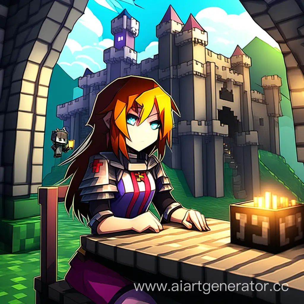 fantasy, Minecraft, a girl sitting at a table in a fortress, in anime style, fortress,