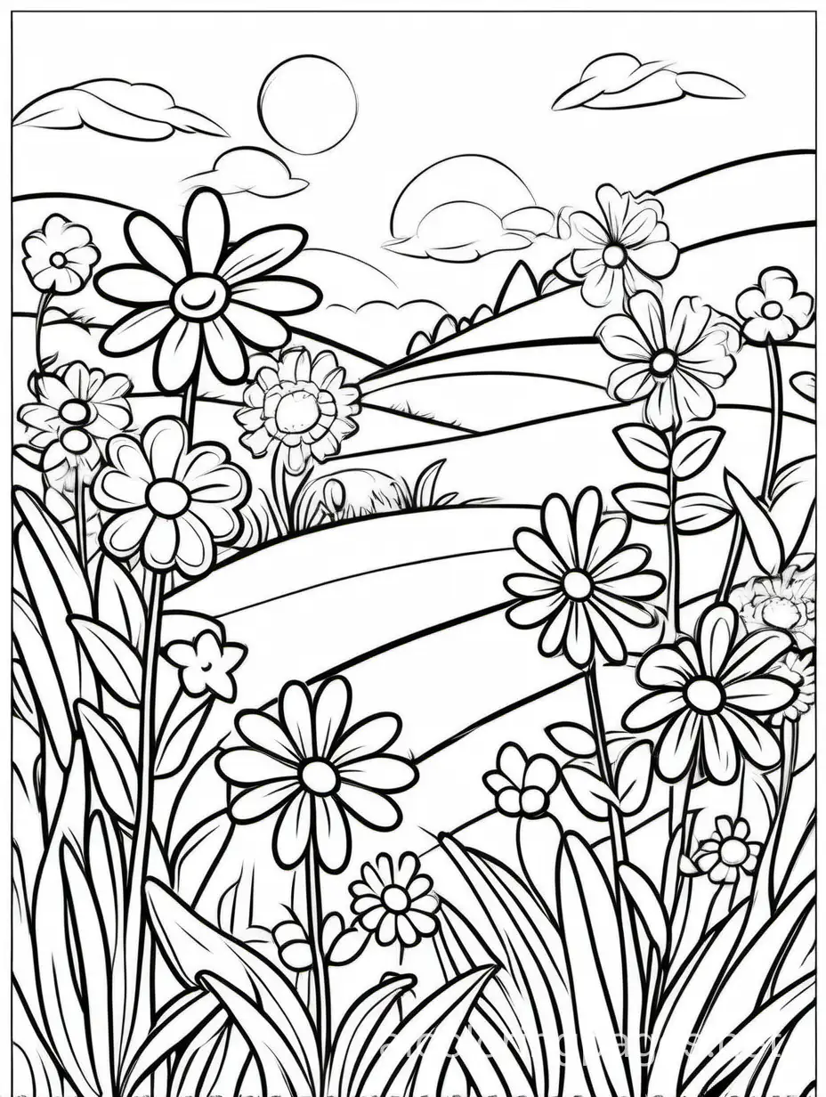 happy friendly playful Spring Flowers in a Meadow coloring book page for kids, Coloring Page, black and white, line art, white background, Simplicity, Ample White Space. The background of the coloring page is plain white to make it easy for young children to color within the lines. The outlines of all the subjects are easy to distinguish, making it simple for kids to color without too much difficulty, Coloring Page, black and white, line art, white background, Simplicity, Ample White Space. The background of the coloring page is plain white to make it easy for young children to color within the lines. The outlines of all the subjects are easy to distinguish, making it simple for kids to color without too much difficulty