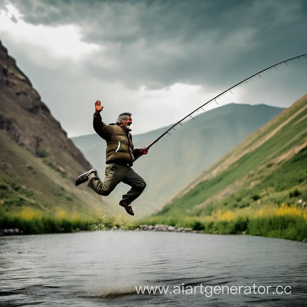 Мужчина на рыбе, прыгающий в горах армении