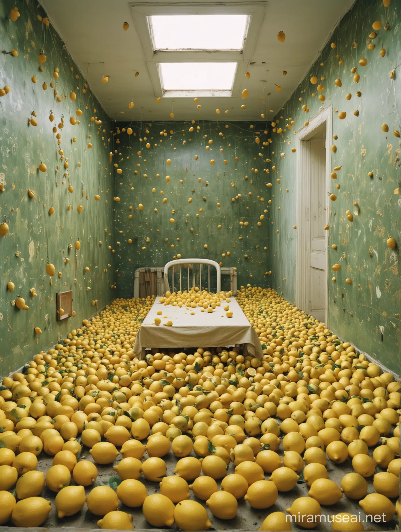 Nostalgic liminal space, dream like, surreal, early 2000, filled with lemons