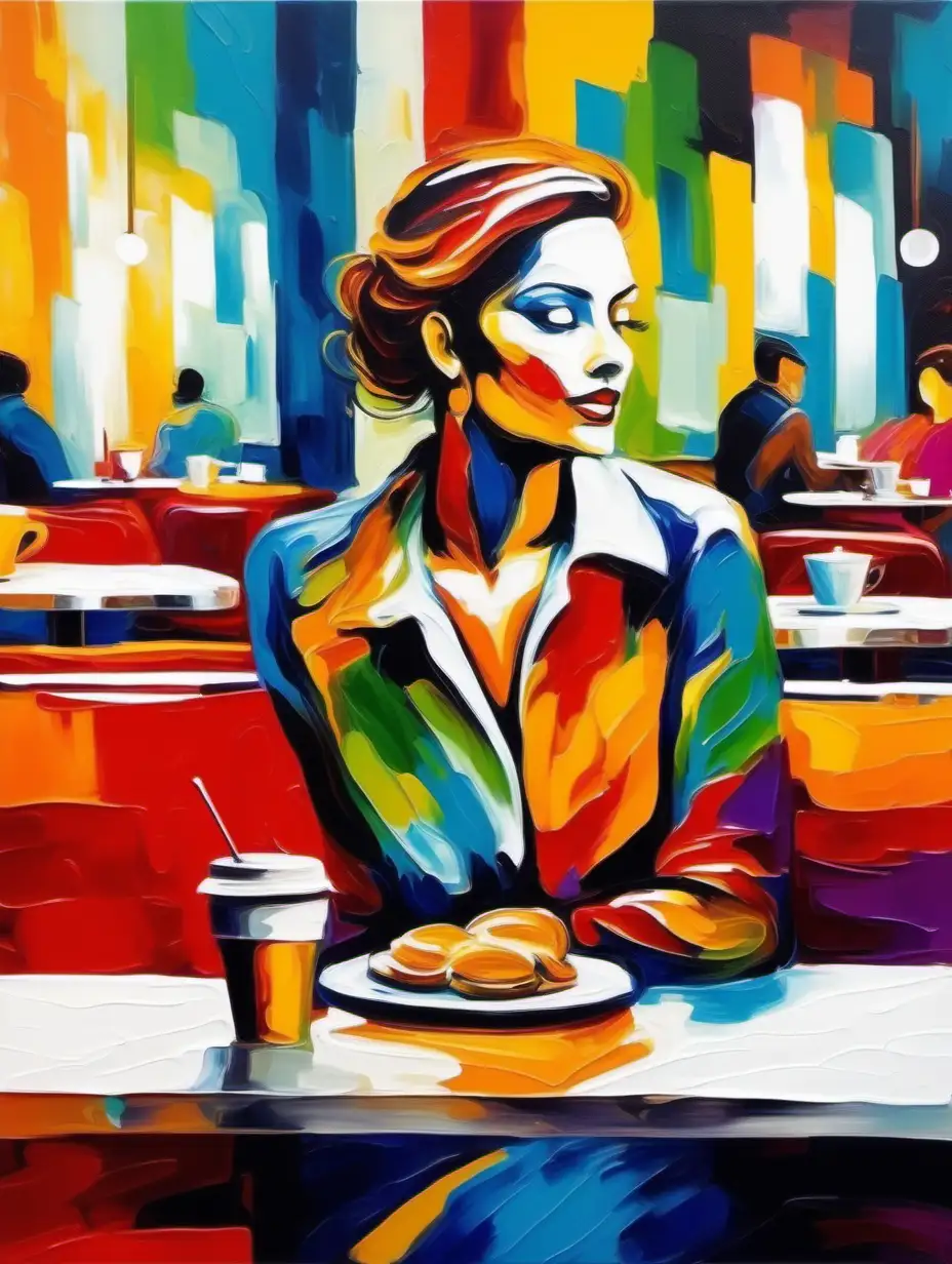 colorful artistic abstract lady in a cafe on a white background. use large, simple oil brush strokes. bright colors, lots of white