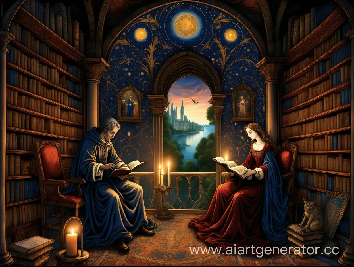 imagine prompt: The legacy of Abelard and Heloise lives on in the pages of history, their intertwined destinies immortalized in a grand tapestry of love and loss. Amidst the flickering candlelight of a dimly lit library, ancient tomes recount their tale, their words echoing through the hallowed halls of time. Style: Illustration, with intricate details and vibrant colors, depicting the timeless allure of their story with a touch of whimsy and wonder. --ar 4:5 --v 5