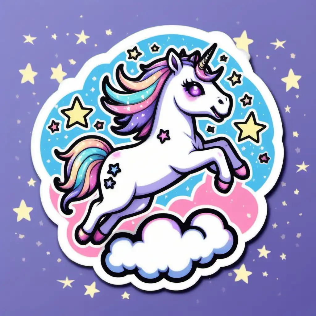 a sticker design of  cute and evil spooky horror pastel goth kawaii unicorn jumping over a cloud with ribbons and shooting stars in the background