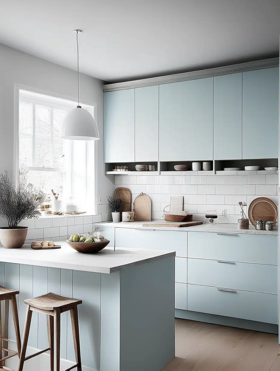 Scandinavian: Characterized by pale blue or gray cabinets, white walls, and minimalist design elements for a light and airy feel.