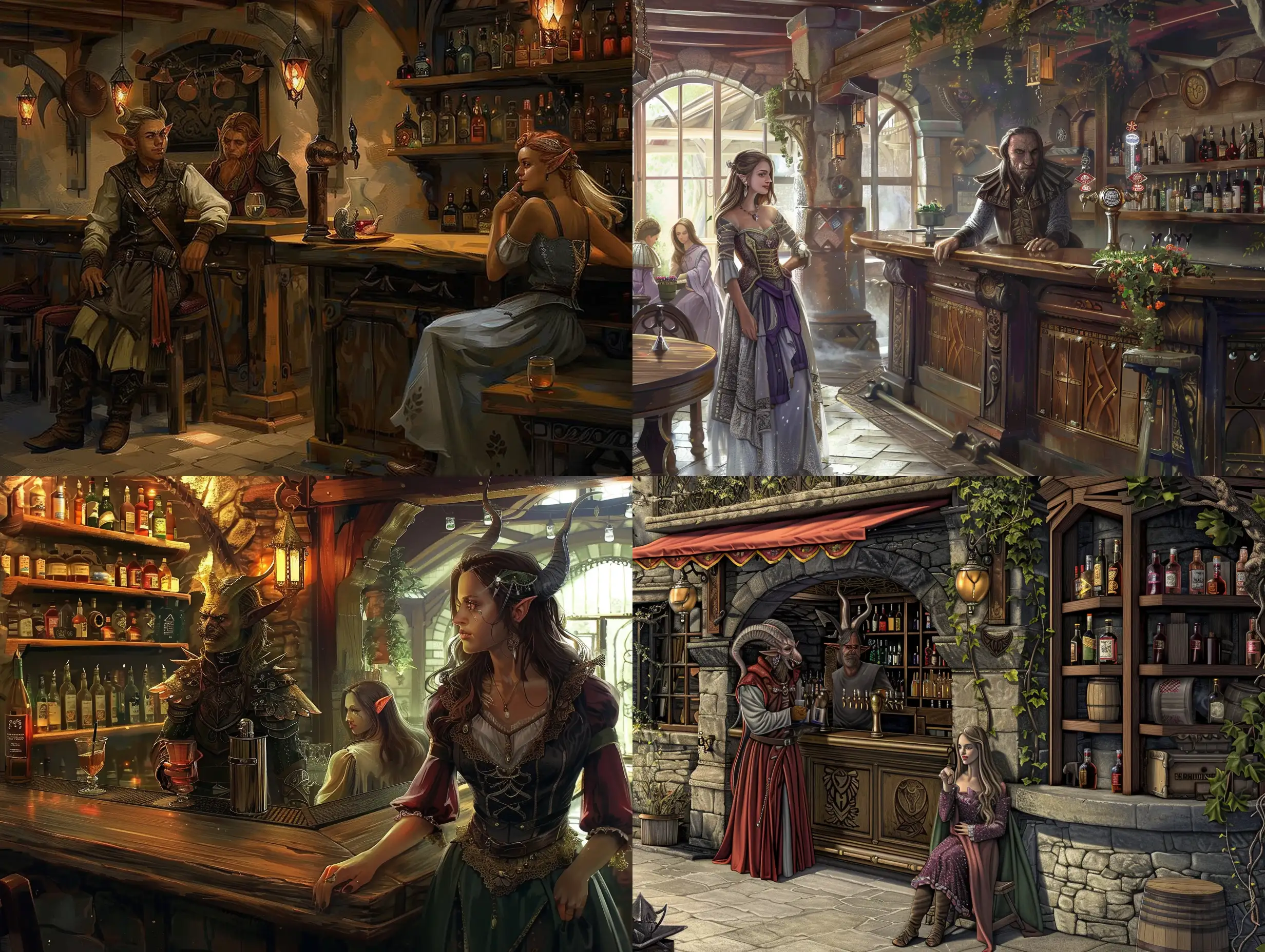 A medieval inn, a friendly male demon bartender behind the bar, a pretty female elven proprietor in front of the bar enjoying a quiet moment