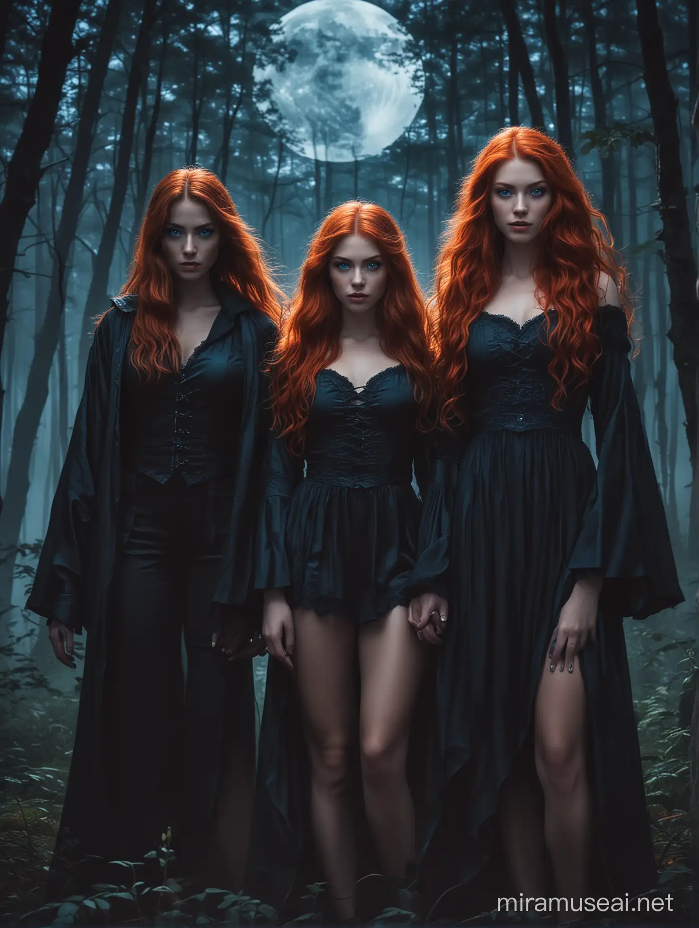Two beautiful red hair ladies, with one lady having red and the other lady having blue eyes, and a mighty black werewolf with blue eyes standing behind them in a dark night forest with a red glowing moon behind them