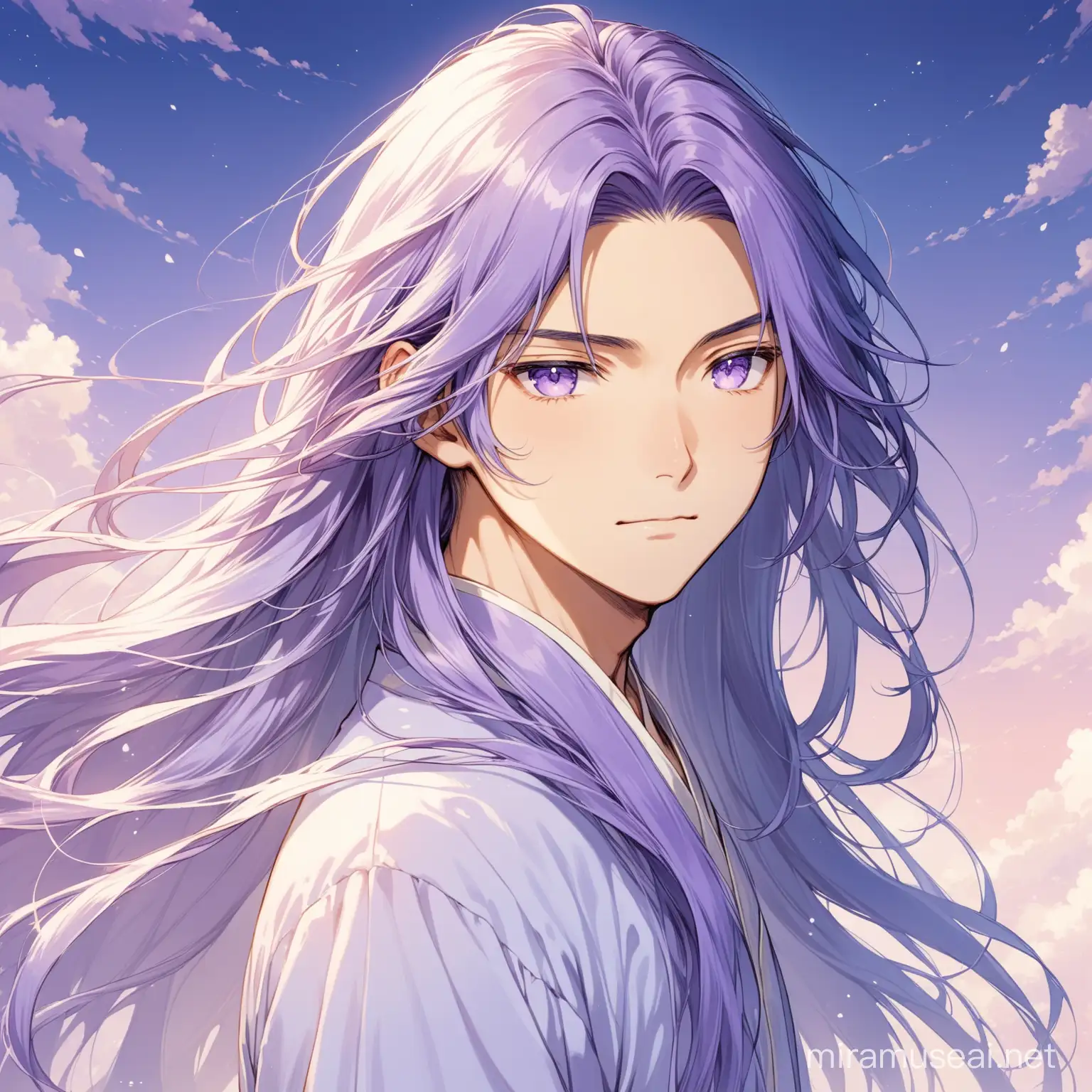 Ren Sato possesses a gentle and innocent demeanor, with soft features and expressive eyes that communicate a myriad of emotions. His long, flowing hair is a muted shade of lavender, falling gracefully around his face. He dresses in simple, pastel-colored attire that mirrors his peaceful nature.