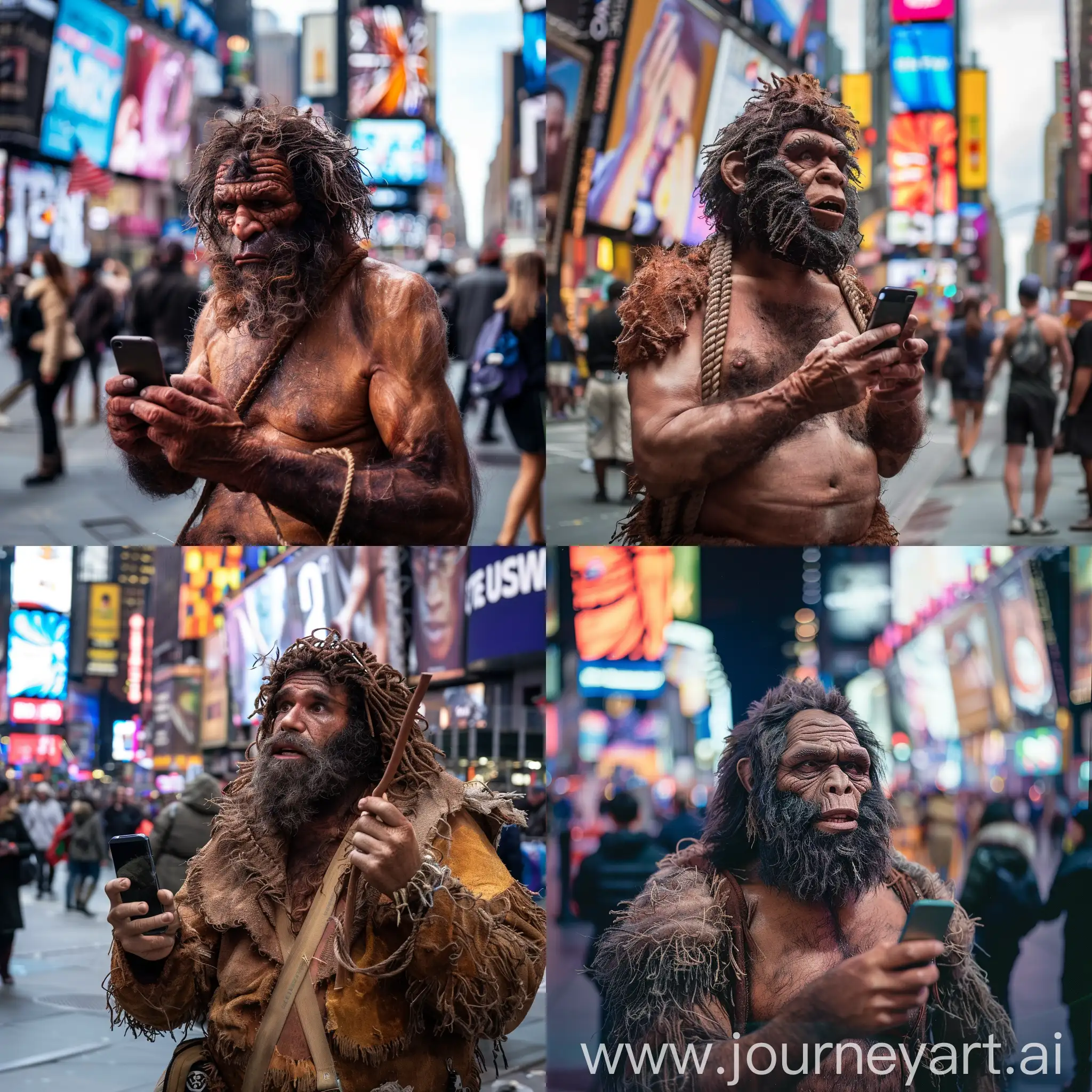 caveman holding mobile phone in his hand while standing in times square, new york