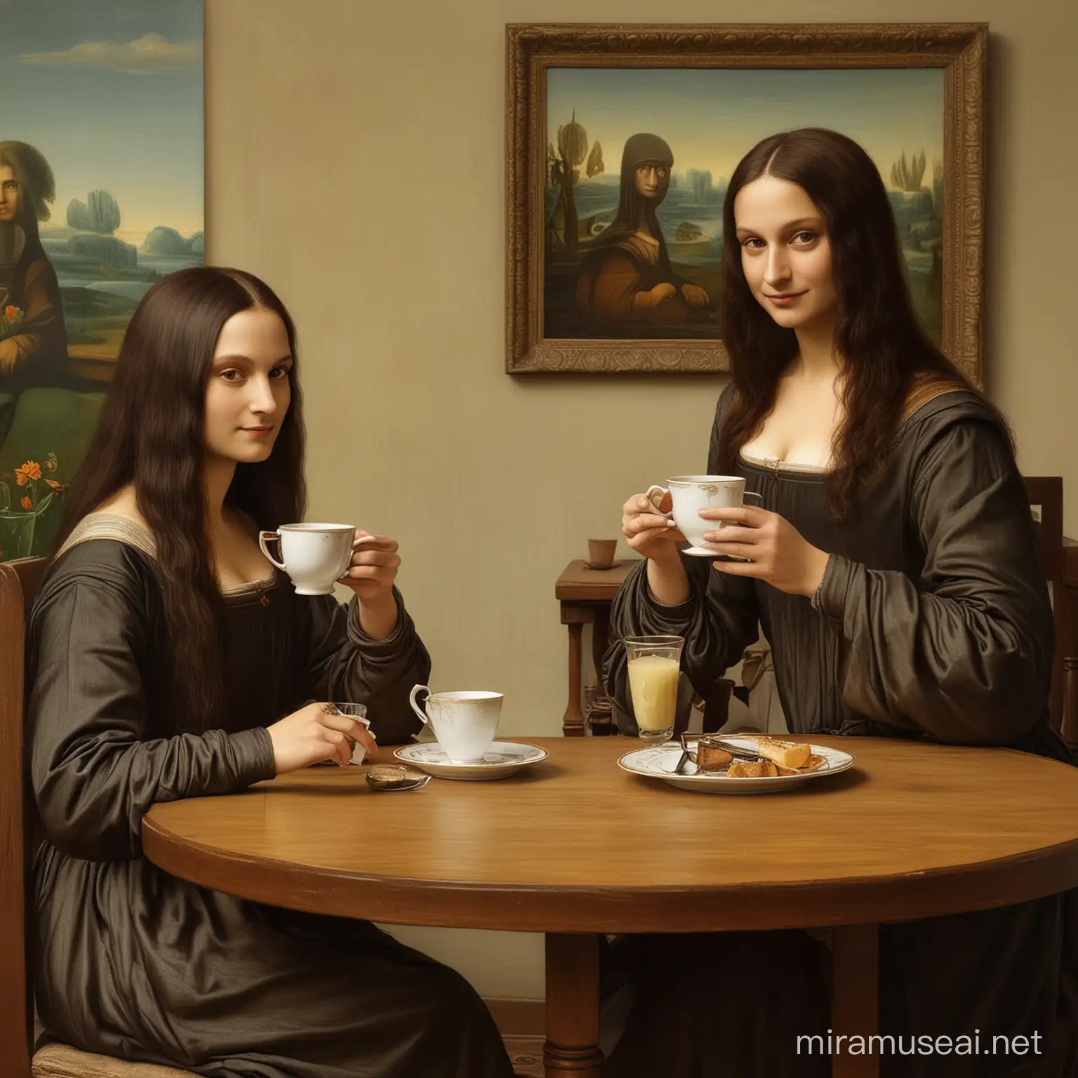 Mona Lisa and Leonardo da Vinci Enjoy a Tea Together on a Table