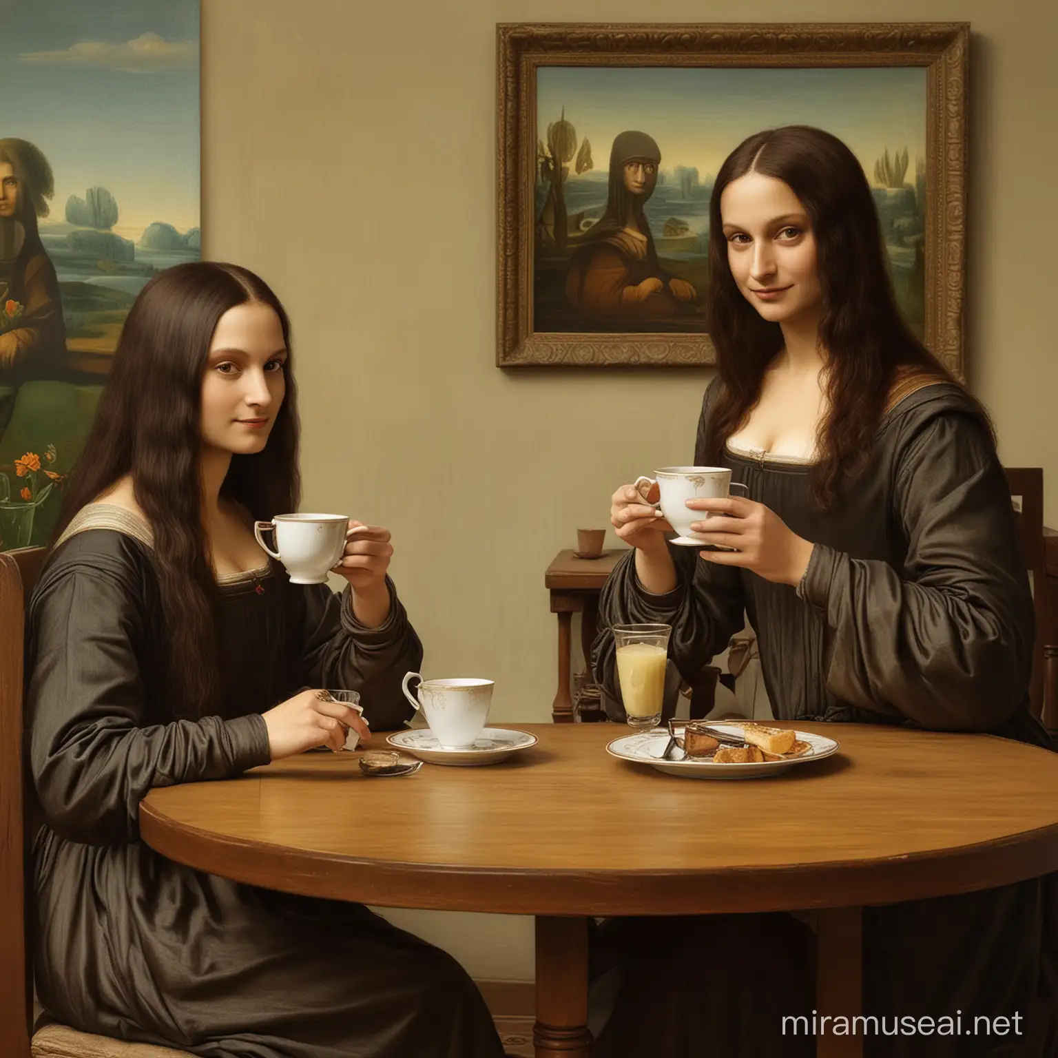 mona lisa drinks tea wit leonardo da vinci on a table