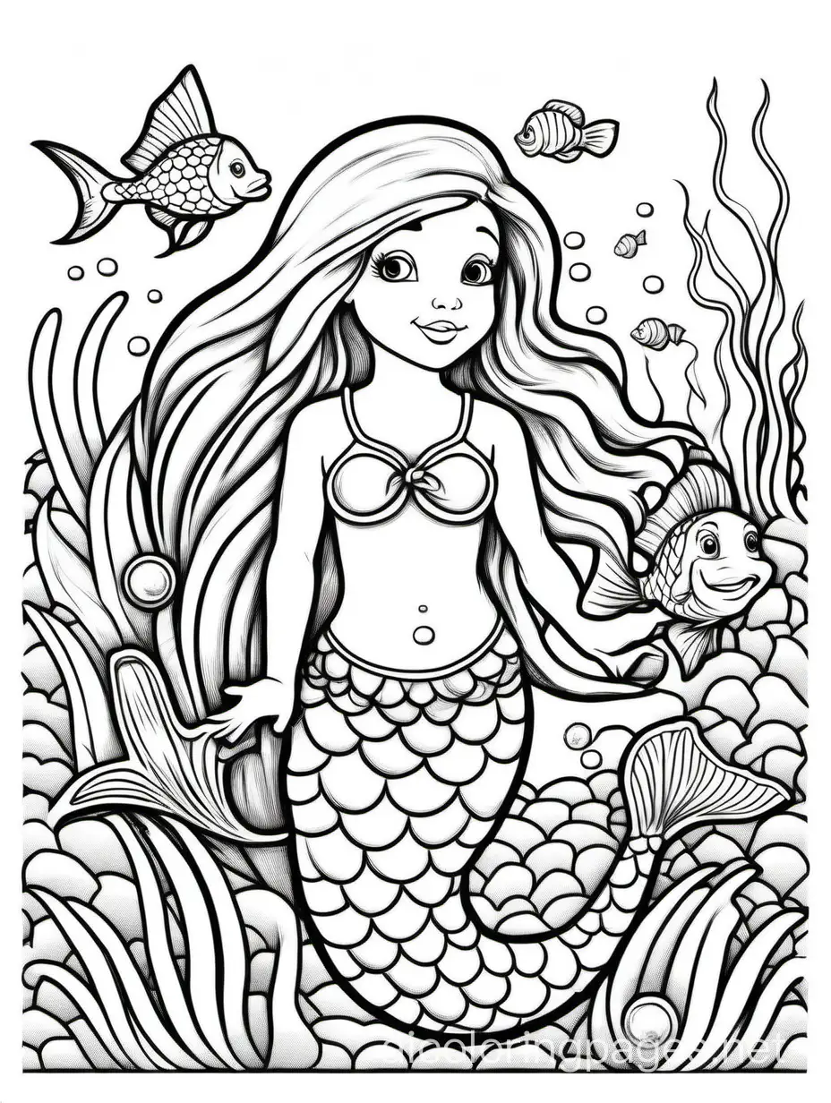 mermaid  for kids  ocean animals, Coloring Page, black and white, line art, white background, Simplicity, Ample White Space. The background of the coloring page is plain white to make it easy for young children to color within the lines. The outlines of all the subjects are easy to distinguish, making it simple for kids to color without too much difficulty