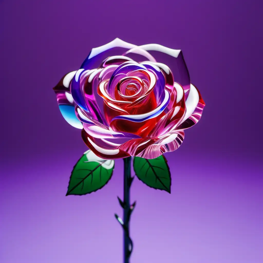 A rose made of glass. The middle is colorful. Violet and pink background. 