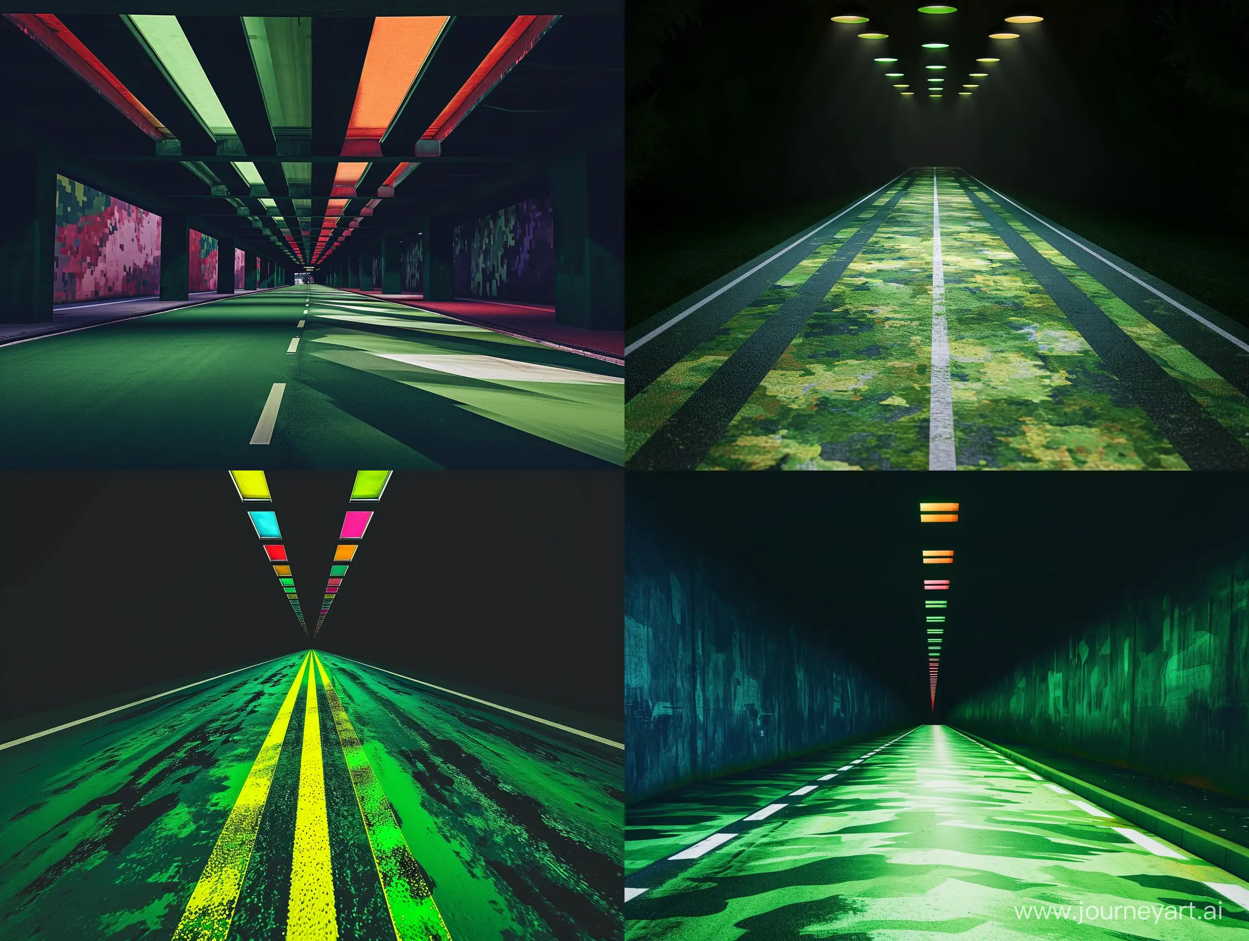 VERTICAL TRAFFIC LIGHT OF 5 COLORS ABOVE THE ROAD. The road is painted in green camouflage color and goes into DARKNESS