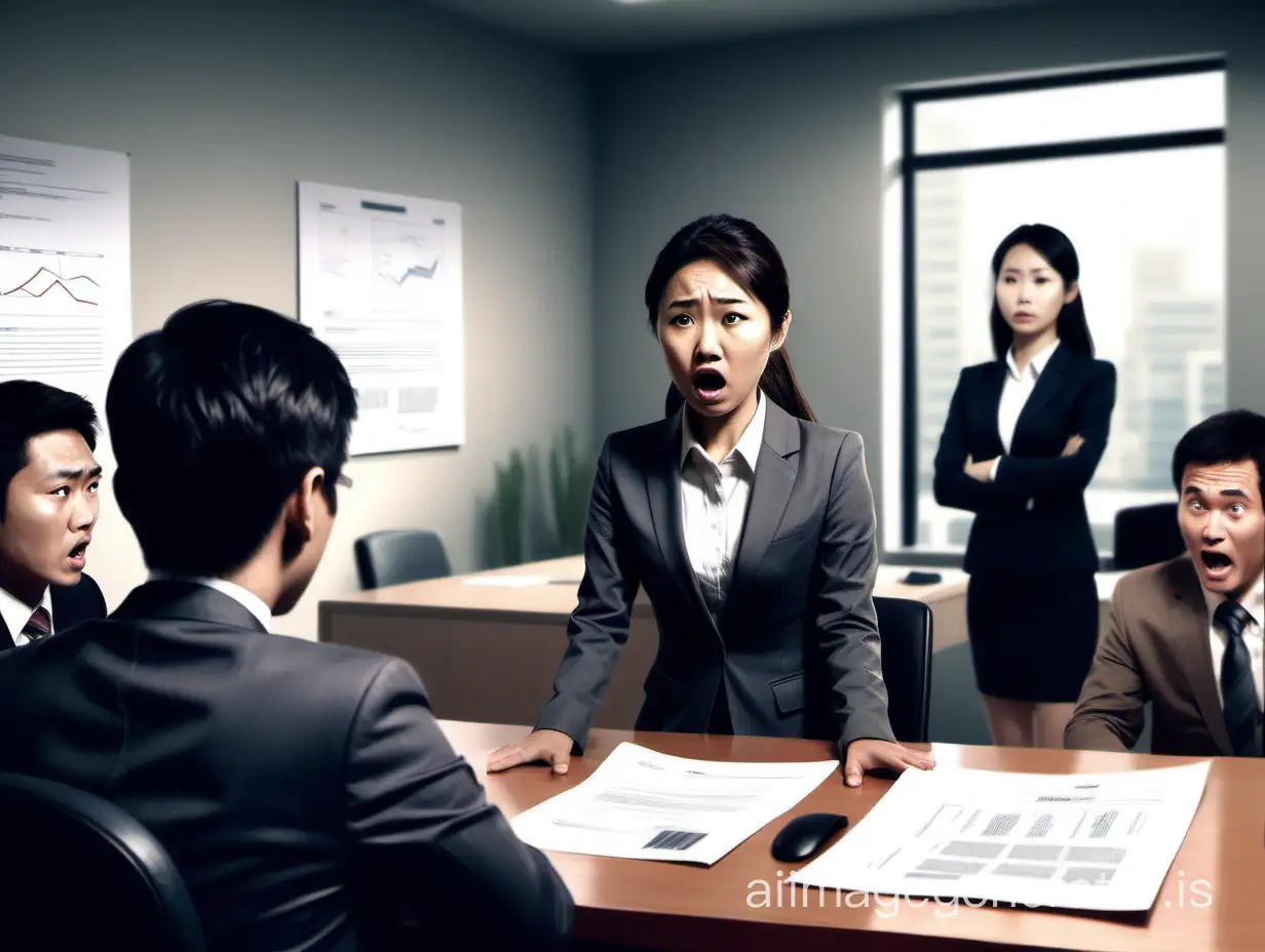A realistic style illustration showing the moment when the company leader enters the interview room, displaying his seriousness and authority, the interviewer's panic, and the girl's calmness. The background can be a desk with some documents and a laptop on it. The people in the picture are all Asian.