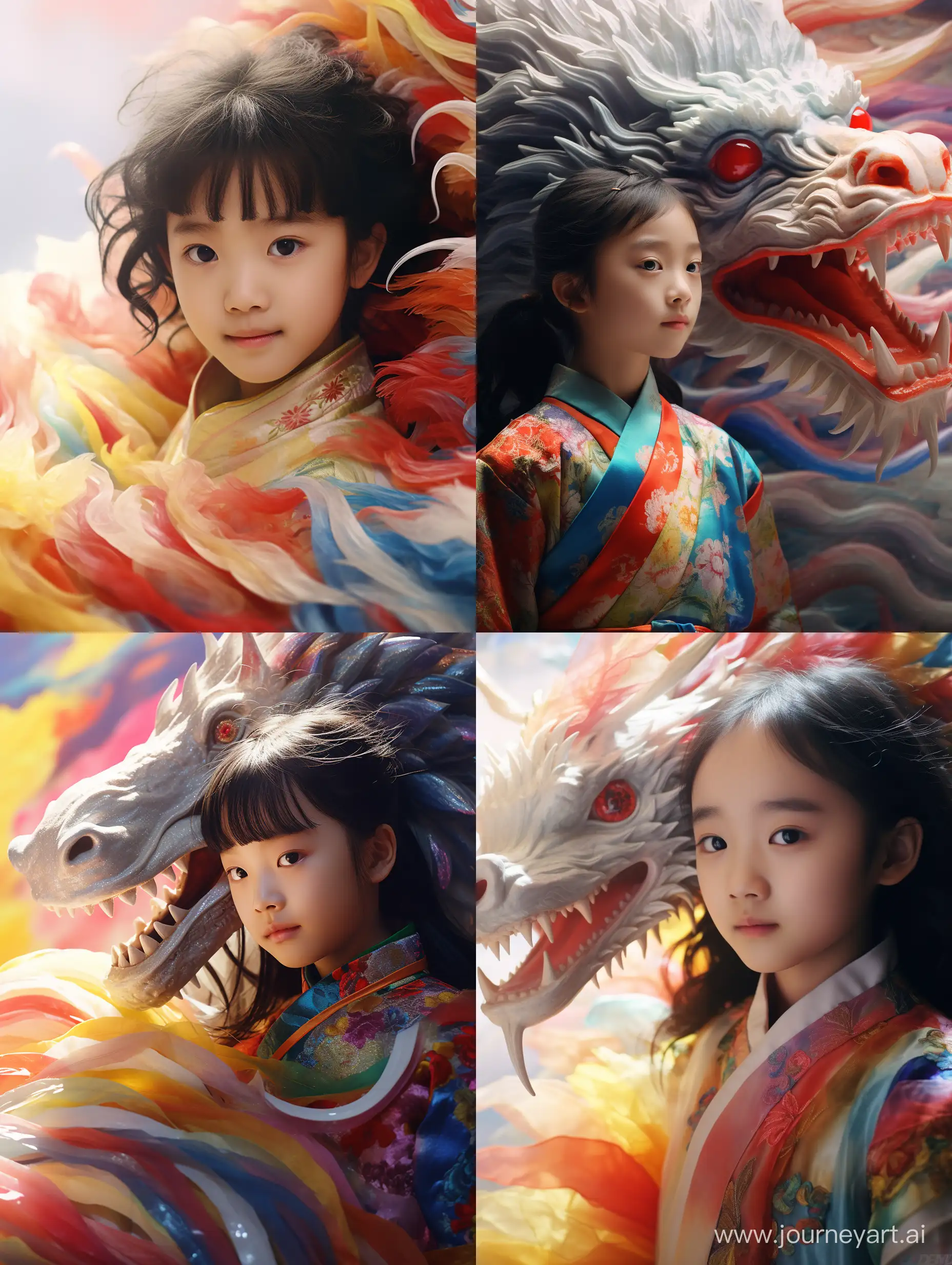 close up,Rainbow dragon surrounded by a cute littleChinese girl,4 years old,wearing gorgeous HanfuRainbow dragon,grand scene, minimalism, Chinesedragon, C4D rendering, Surrealism, master worksmovie lighting, Ultra HD, fine detail, color rating