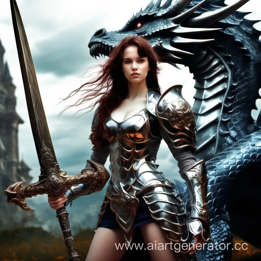 Красивая девушка с мечом в блестящих латах с большой грудью Рядом огромный дракон