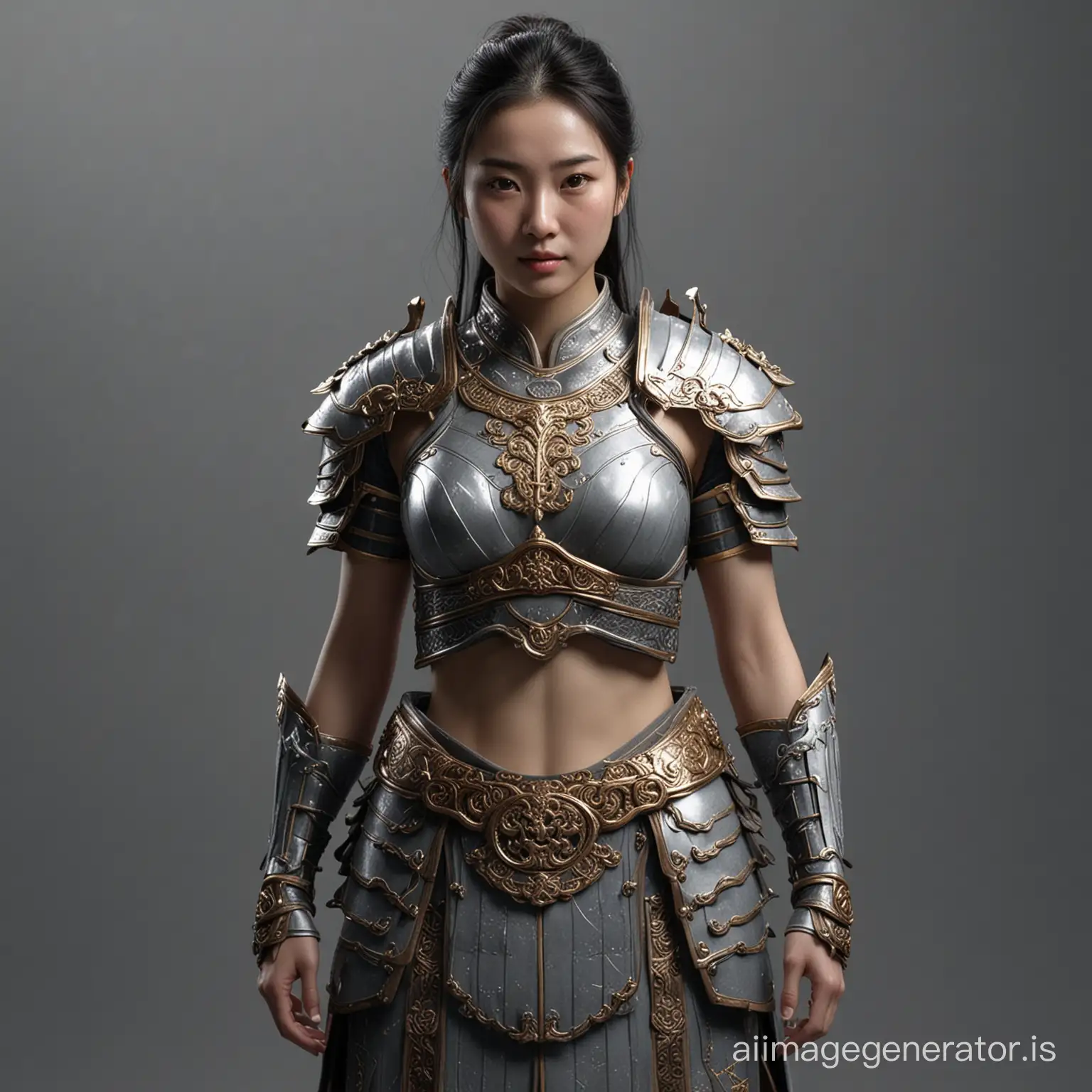 1girl, A Ancient Chinese beautiful girl, ((Ancient light armor)), full body, Sweaty, solid gray background, (((Extra Muscles))), Dramatic composition, fit body, fully immersed in natural light, best quality,  highly detailed features, top-quality, in 8K, ​masterpiece, Photorealsitic.