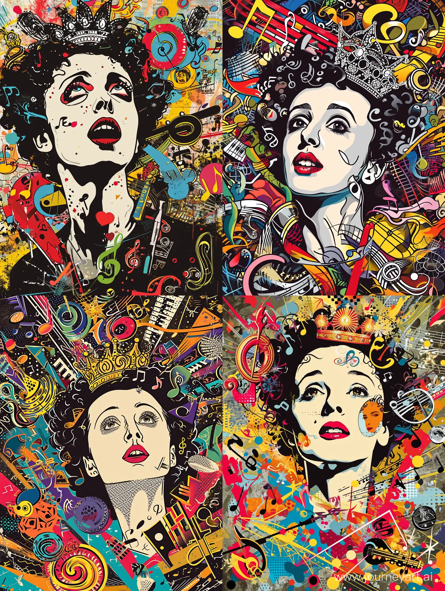 Waist portrait of Edith Piaf, beautiful, with a crown on her head, surrounded by musical symbols, many details, complex colors, caricature, pop art style