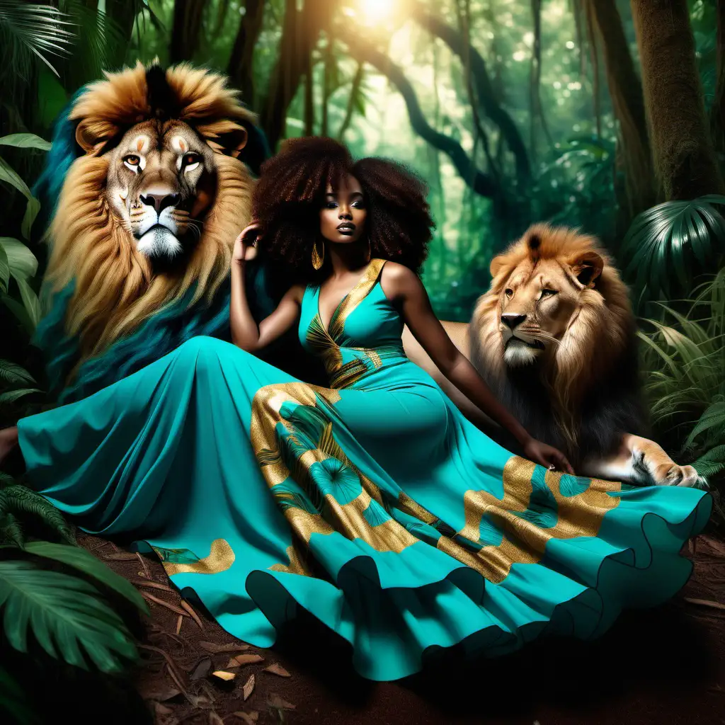 Serenity in the Jungle Elegant African American Woman with Lion in Vibrant Rainforest