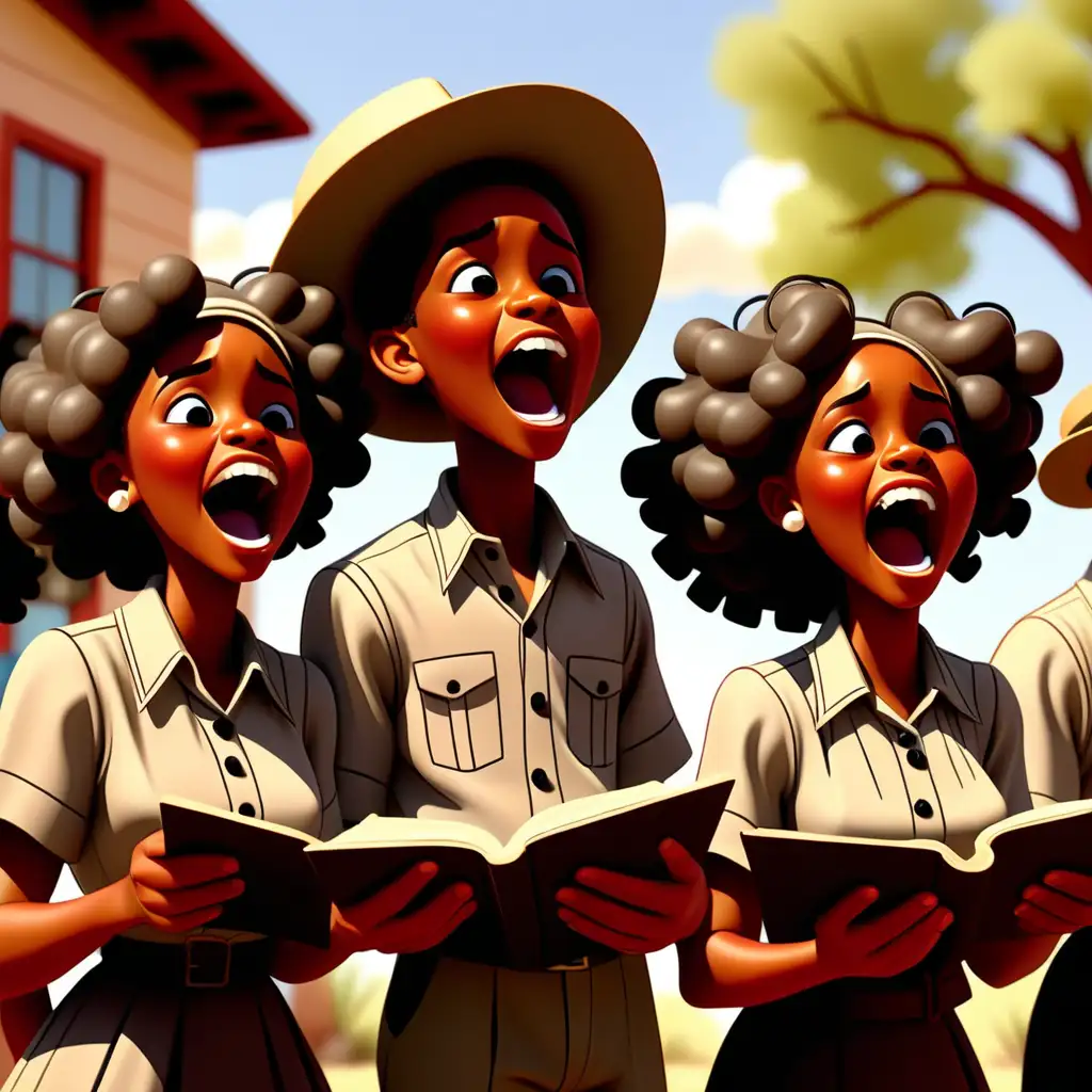 1900s cartoon style african american h happy teens singing at juneteenth in new mexico