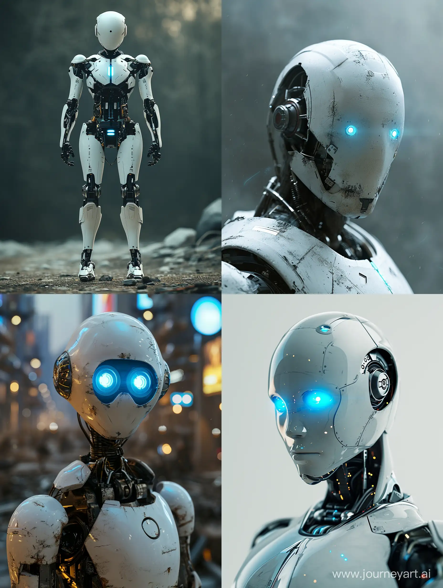 Робот со светящимися голубыми глазами, робот сломанный::1.5, стоит в полный рост, 8K, V-ray