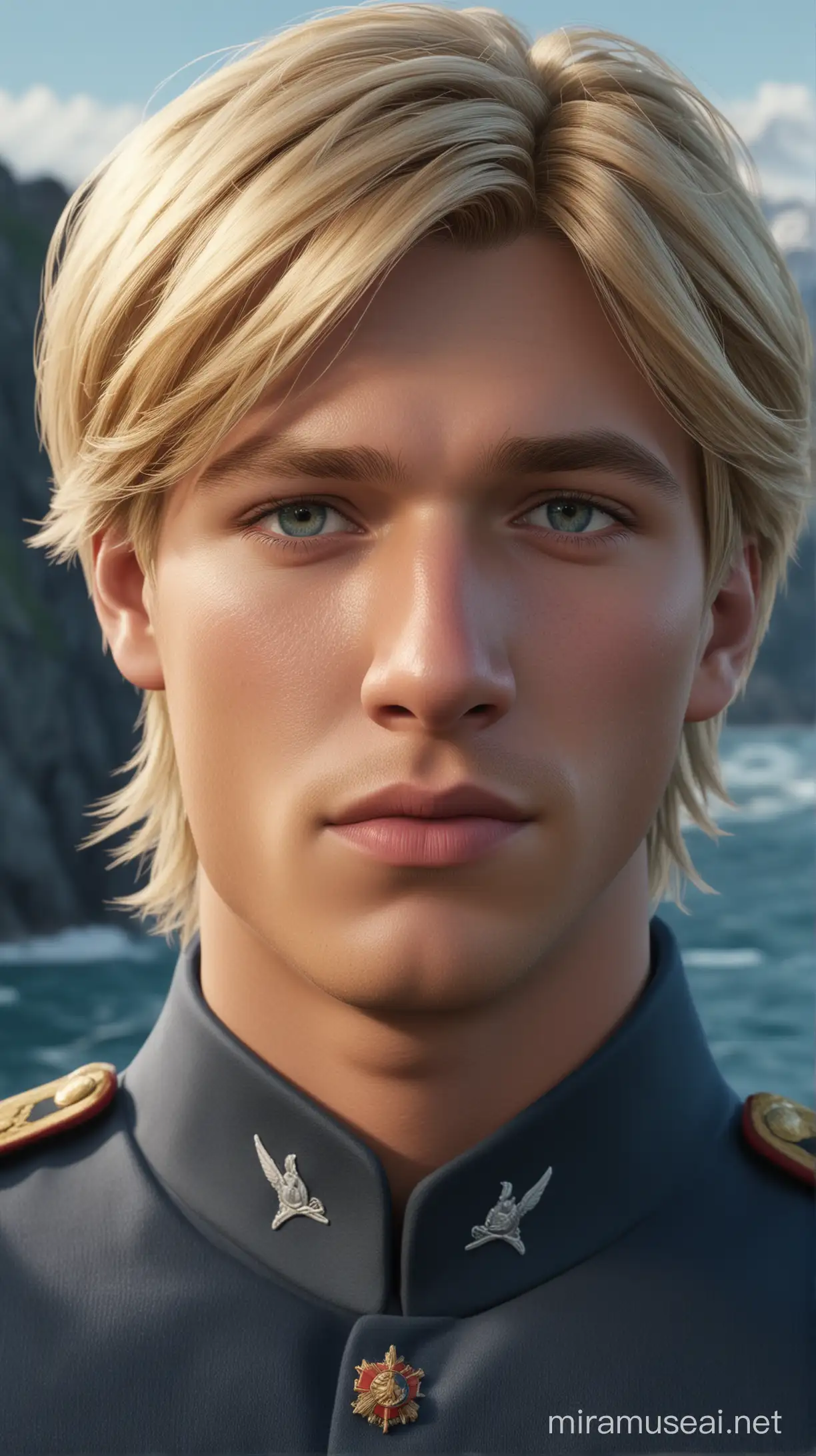 Disney Prince Kristoff in Navy Uniform Amidst Natural Sea Background