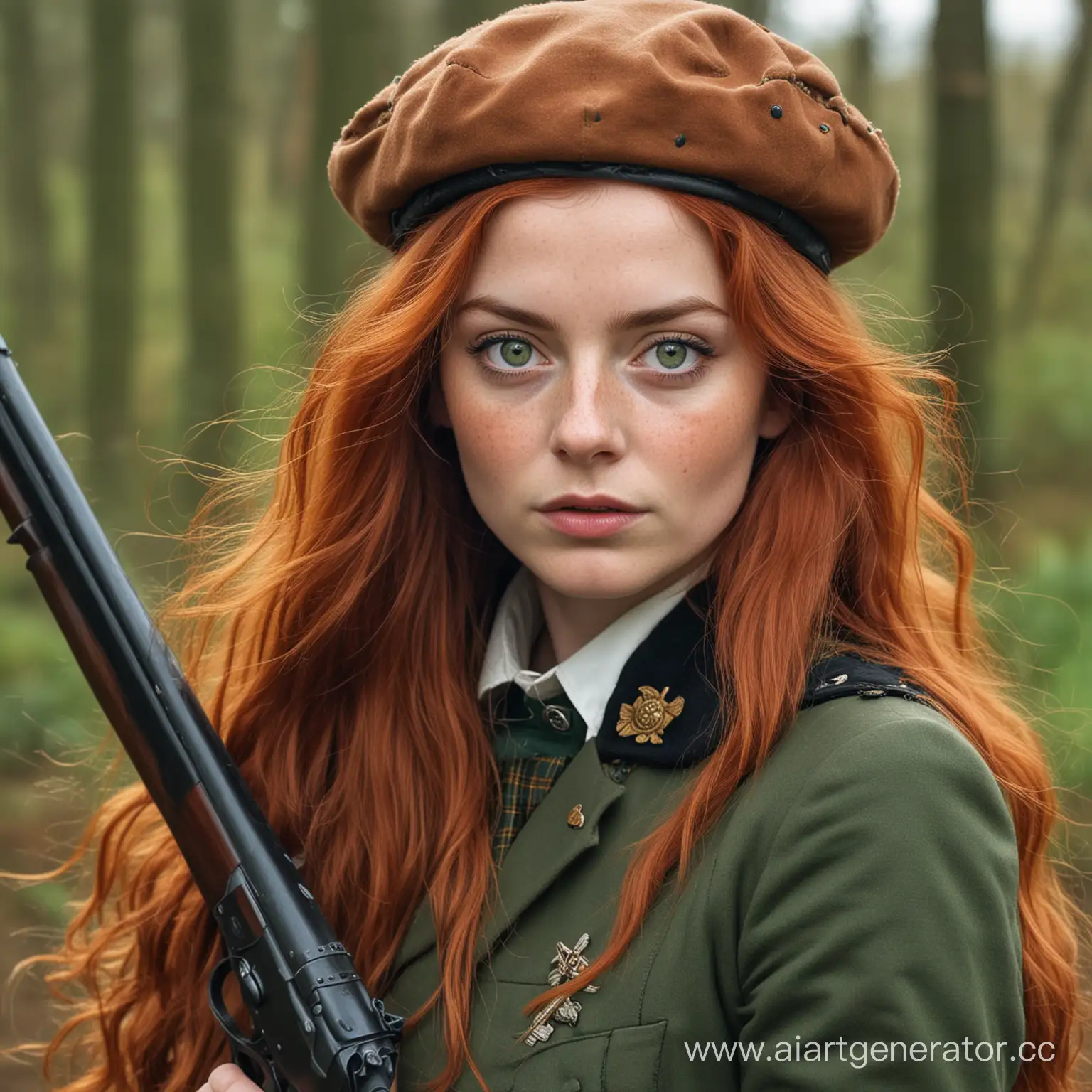 девушка, аристократка, шотландка с ядерно рыжими длинными волосами. Зелеными большими глазами, веснушками. Одета в охотничий костюм, с ружьем. 1920 года