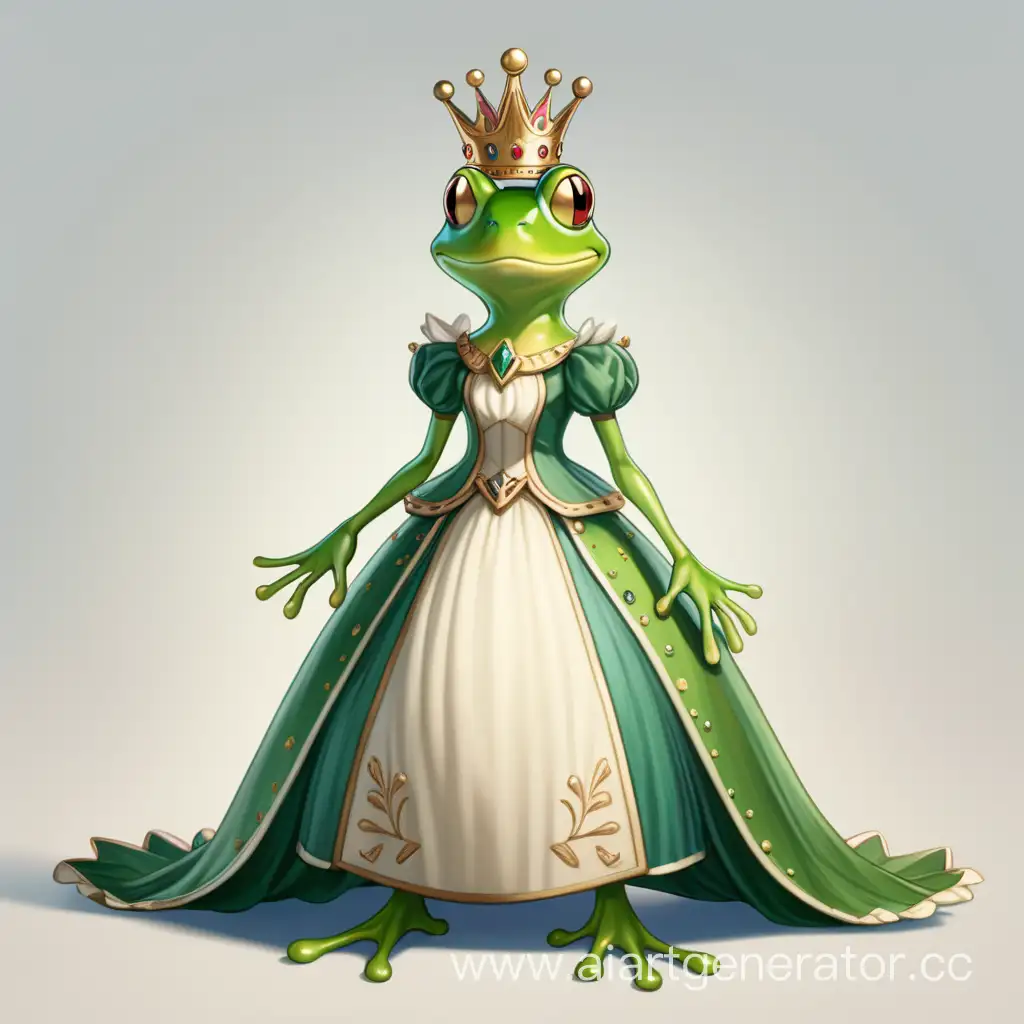 хуманизация жабы женского пола с короной  стоит 
в полный рост
фигуристая
в платье
