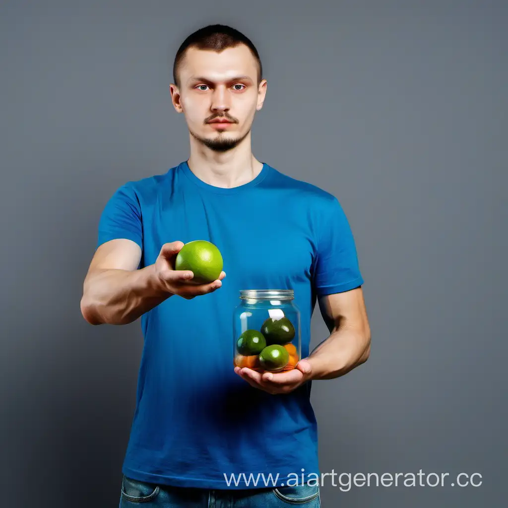 мужчина славянин в синей рубашке стоит прямо, в правой руке у него прозрачная пустая банка, в другой левой руке лежит зеленый круглый гладкий фрукт
