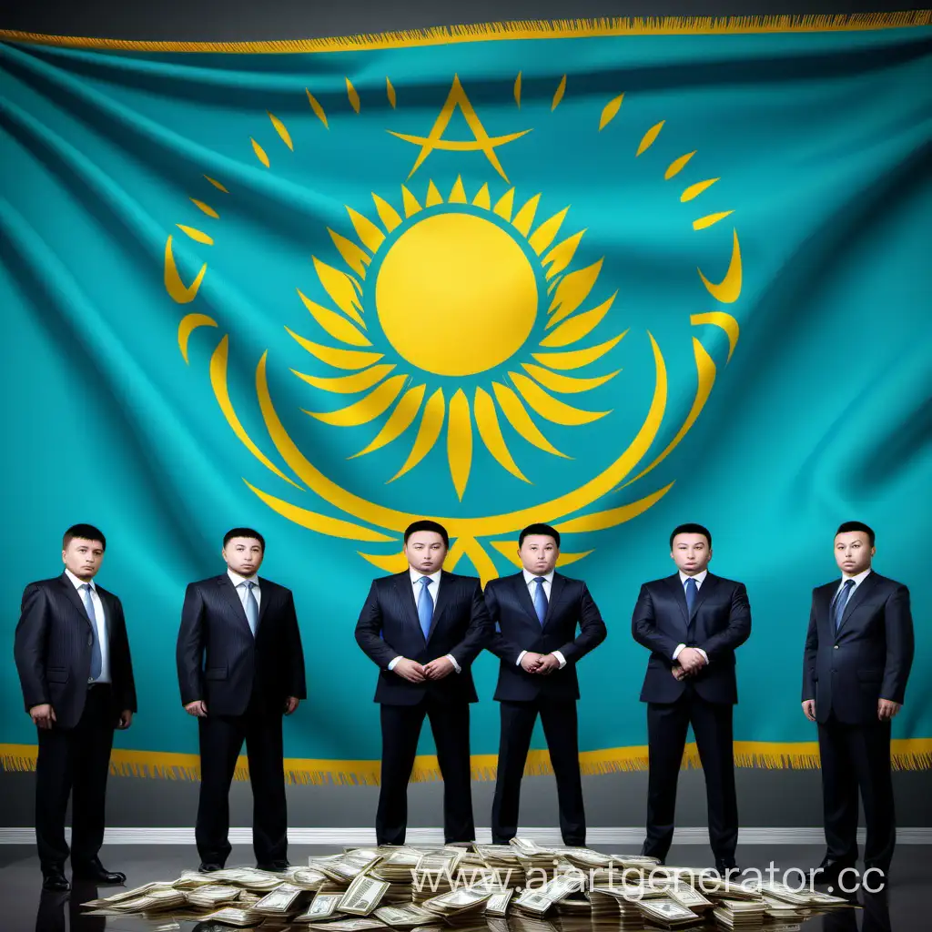 Казахская мафия забирает деньги у людей, на фоне флага Казахстана 