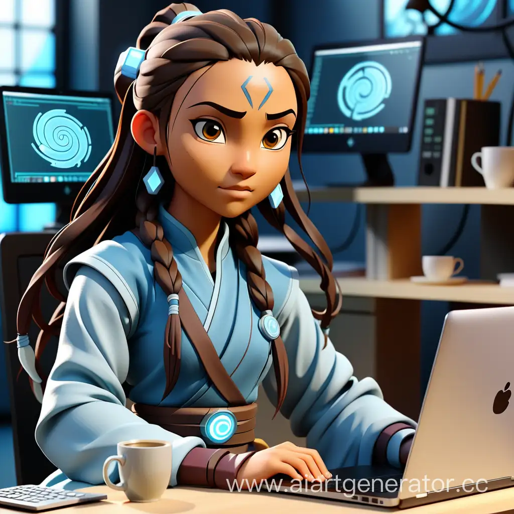 Generate an image of Katara from Avatar: The Last Airbender as a programmer. She sits at a modern workspace, laptop in hand, fully immersed in coding. Pose her with a relaxed yet focused demeanor. Dress her in contemporary programmer attire with tech-themed accessories. The background should feature a clean workspace with coding books and a coffee mug. Ensure accurate facial features and expressions. Display realistic code snippets on the laptop. Maintain the original Avatar animation style with vibrant colors. Add creative details symbolizing both waterbending and programming for a unique touch.