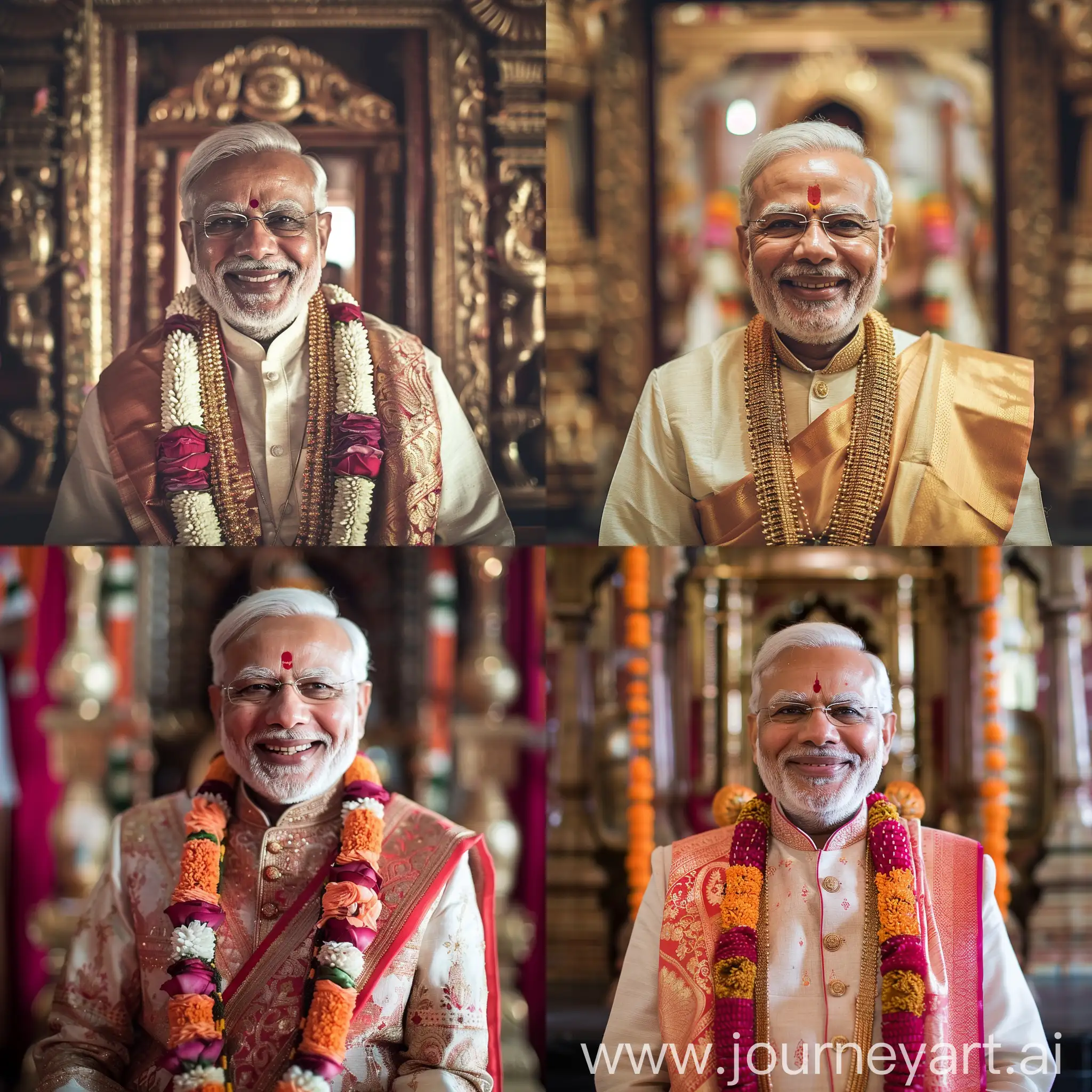 Generate an image of Narendra Modi smiling in and traditional Hindu attire. He must be in a temple