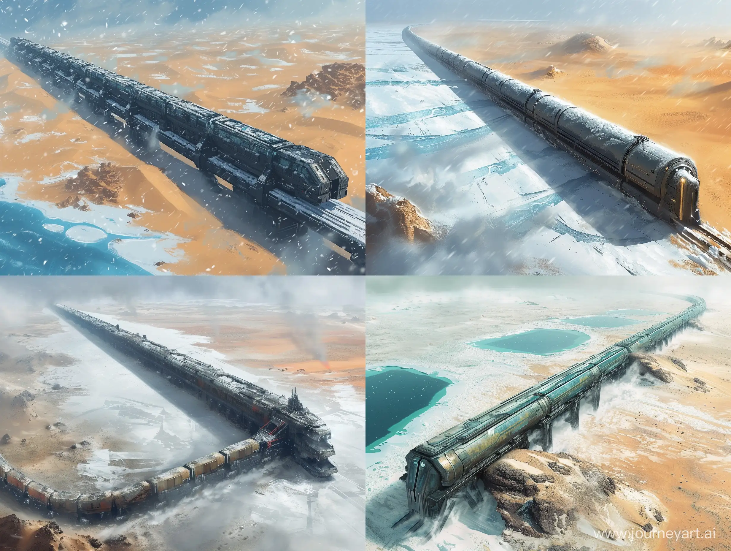 concept art, very long cyber train in the desert on the icely lake snowchtorm, top-down view, future style