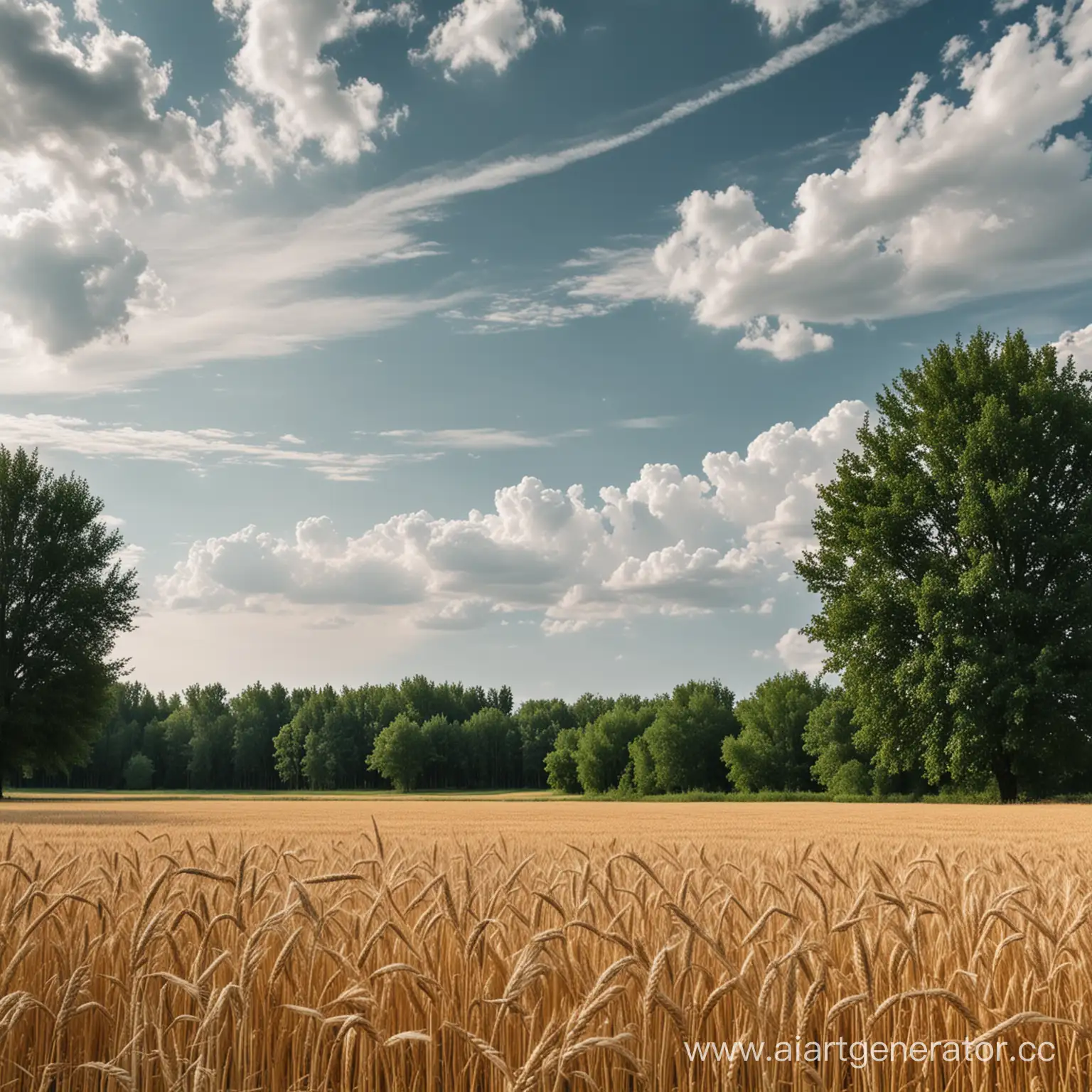 Пшеничное поле на фоне деревьев и неба