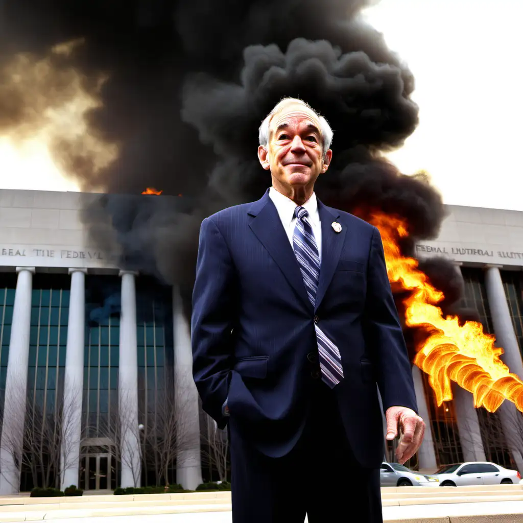 ron paul, standing in front of the federal building, while it's on fire