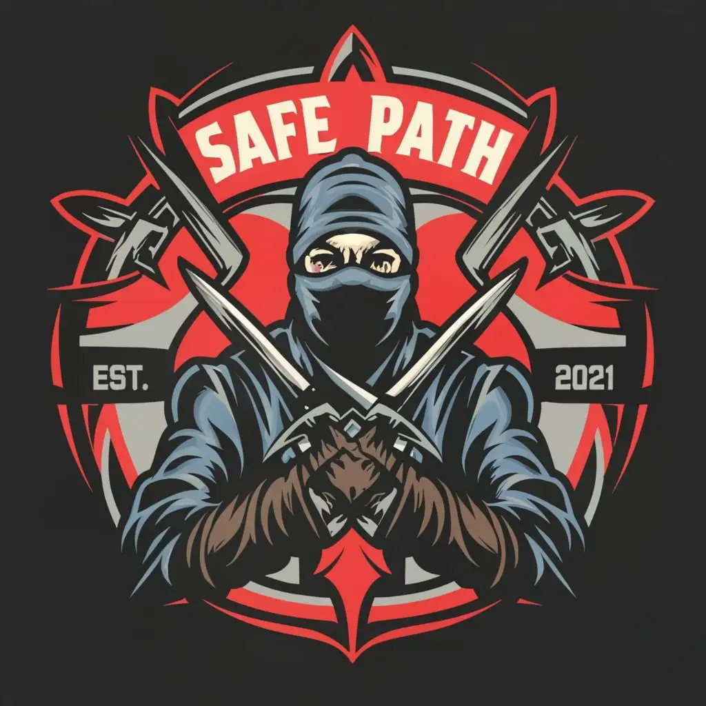 logo, Men in balaclavas armed with knives art, with the text "SAFE PATH", typography