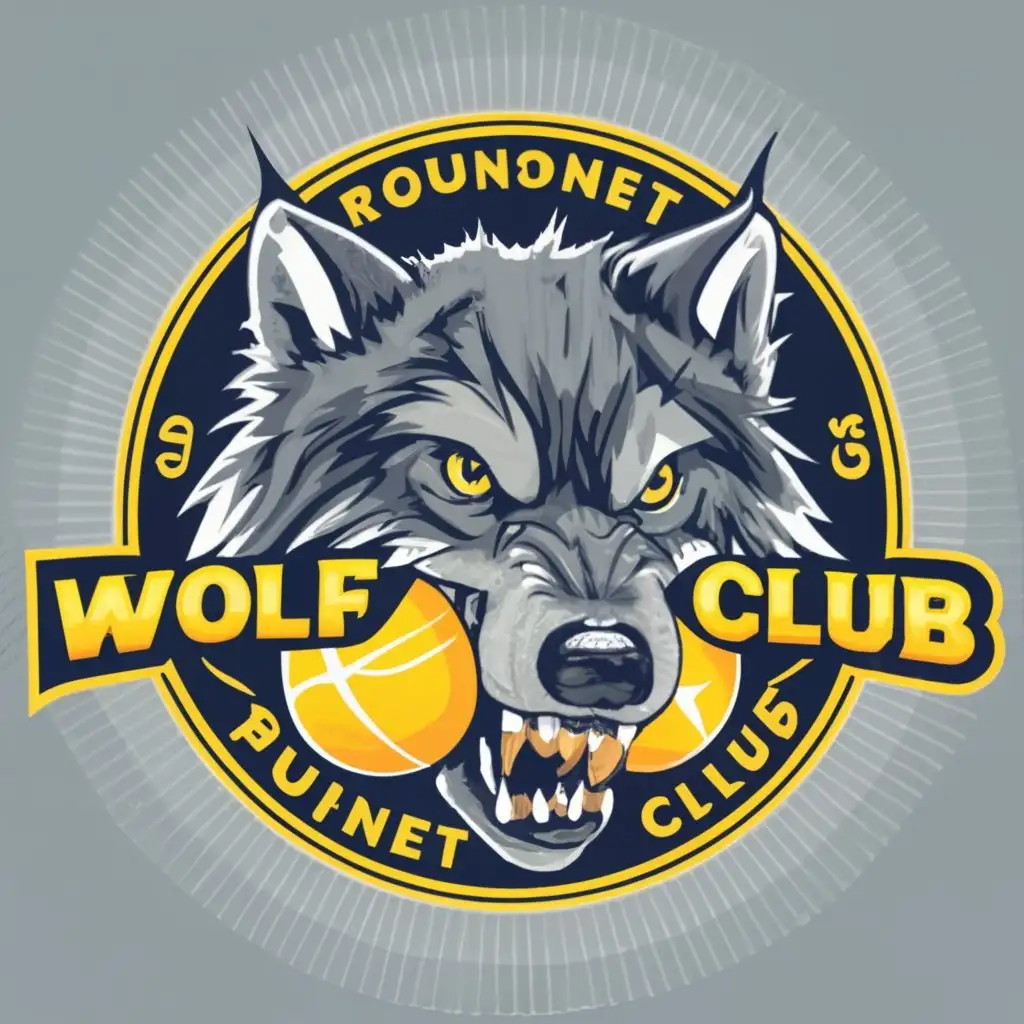 logo, aggressive wolf bites yellow ball, with the text "Roundnet Club", typography, be used in Sports Fitness industry