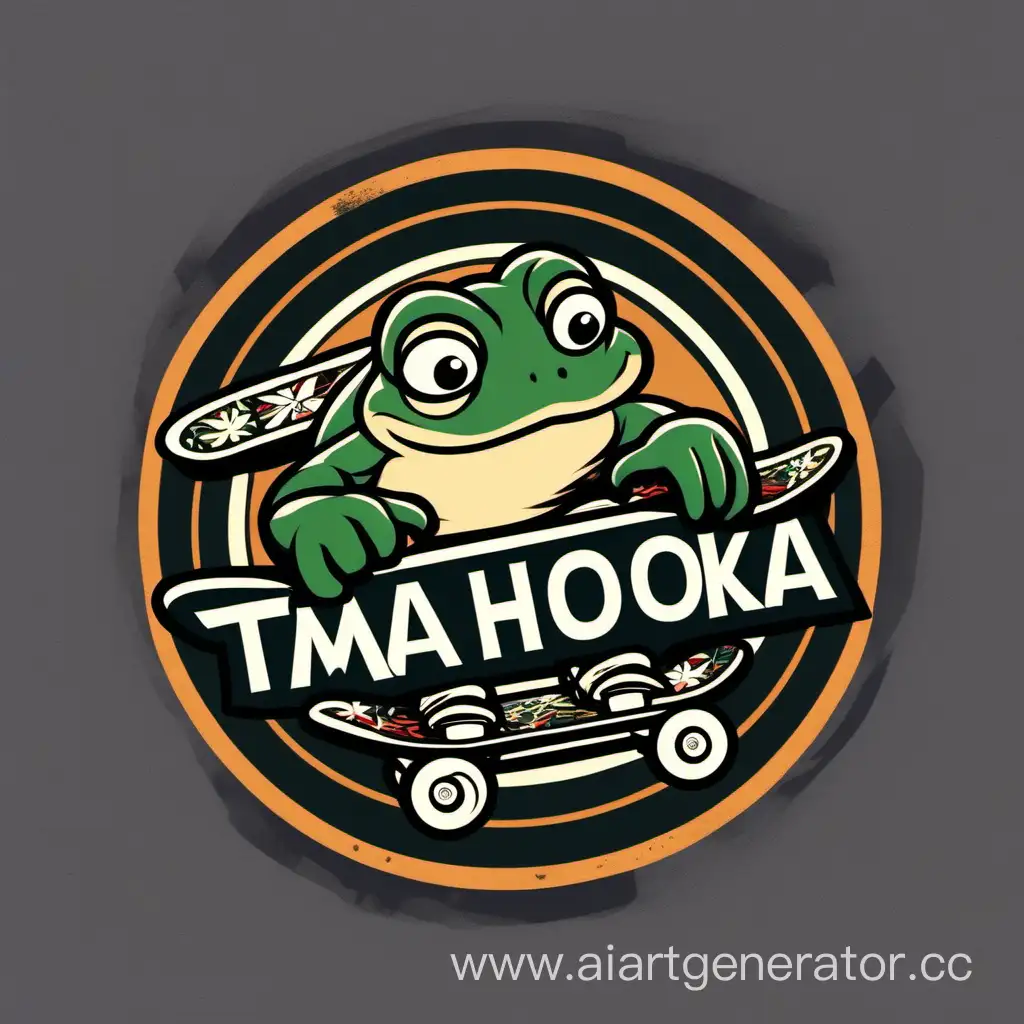 make a circle with the logo inside a toad that rides a skateboard and on the sides put the logo and also make a logo in the form of the 2000 style when skaters skated and be sure to have a blah inscription minahoka_shops

