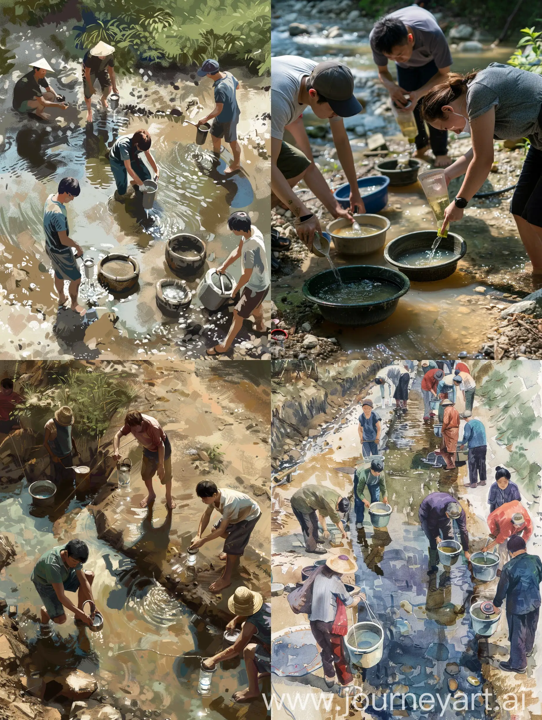 People filtering water from dirty water sources,realistic