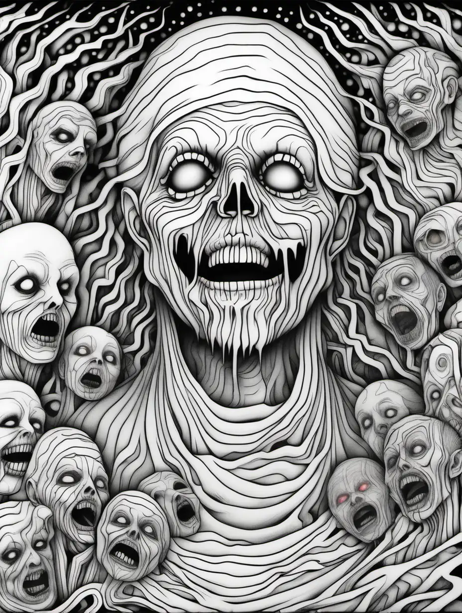 Haunting 3D Horror Coloring Page for Adults with Intense Black Lines