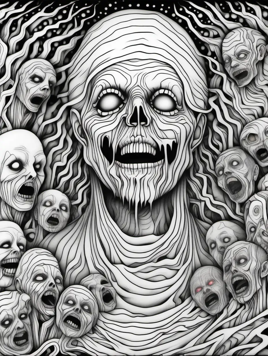 3d coloring page for adults, creepy scary horror, thick black lines
 

