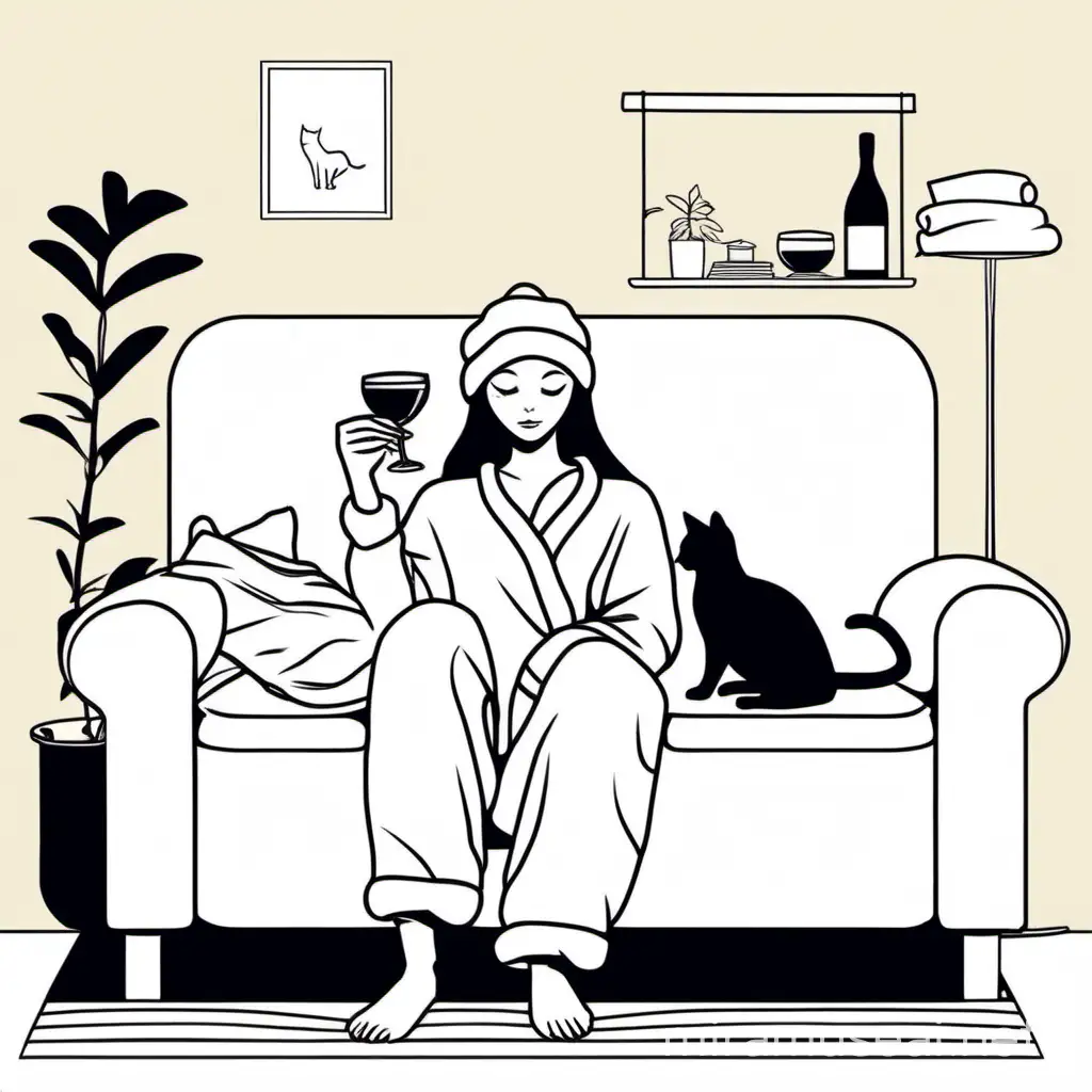 девушка дома в пижаме пьет вино, сидит на диване, с полотенцем на голове, рядом кот и собака, векторная иллюстрация, минимализм