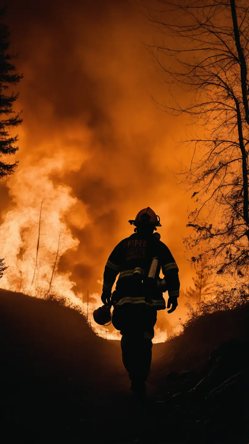 silhouette of a firefighter walking towards a fire

