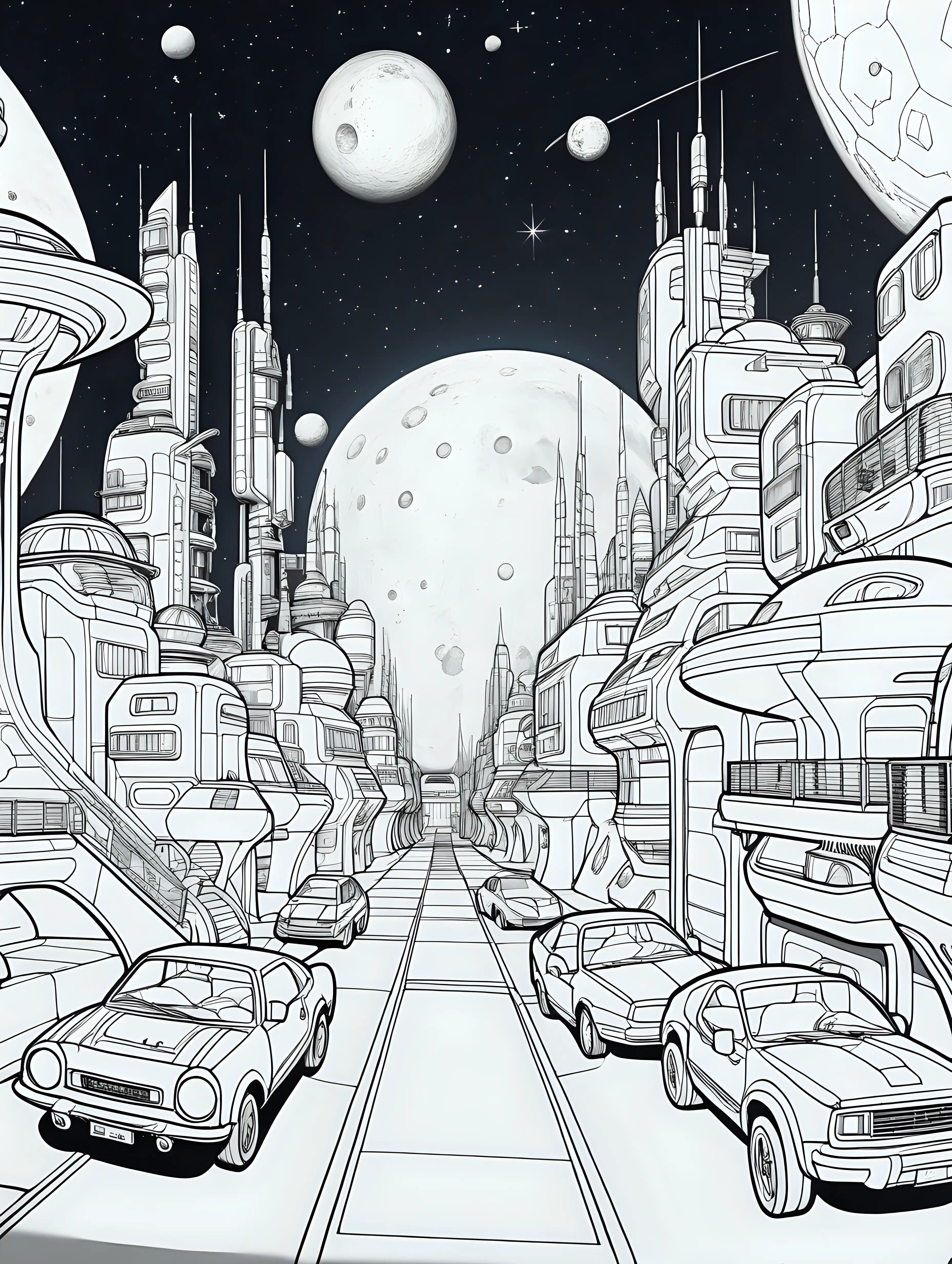 A Coloring book page, futuristic space colony on the moon, technologically advanced townhouses lined on up a street with futuristic lamps and cars in the street, you can see space and earth in the background, The lines should be simple, suitable for younger colorists.